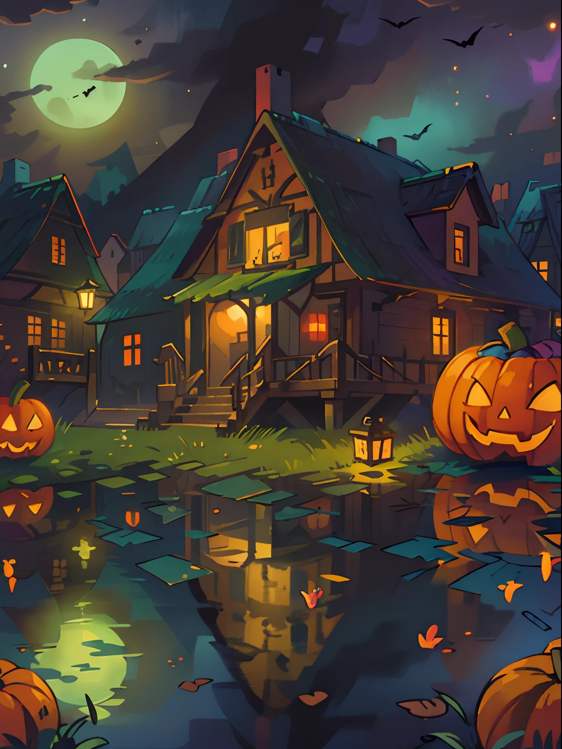 Halloween Floating Lights, Cinematic light and reflection, glowing lights, houses halloween themes,Digital Painting, Glowing reflections, pumpkin Halloween Jack-o'-lantern, calm night, Digital Illustration, Beautiful atmosphere, Skylight at night, Calm evening atmosphere, Jack-o'-lantern, Halloween, the night, Halloween, Surrounded by clouds, gorgeous colors, There are three arches in the foreground((color ink)), ( (Splash ink ) ), ((Splash ink) inky})), tmasterpiece, high quarity, Beautiful graphics, high detal, Magnificent, (contest winner art)
