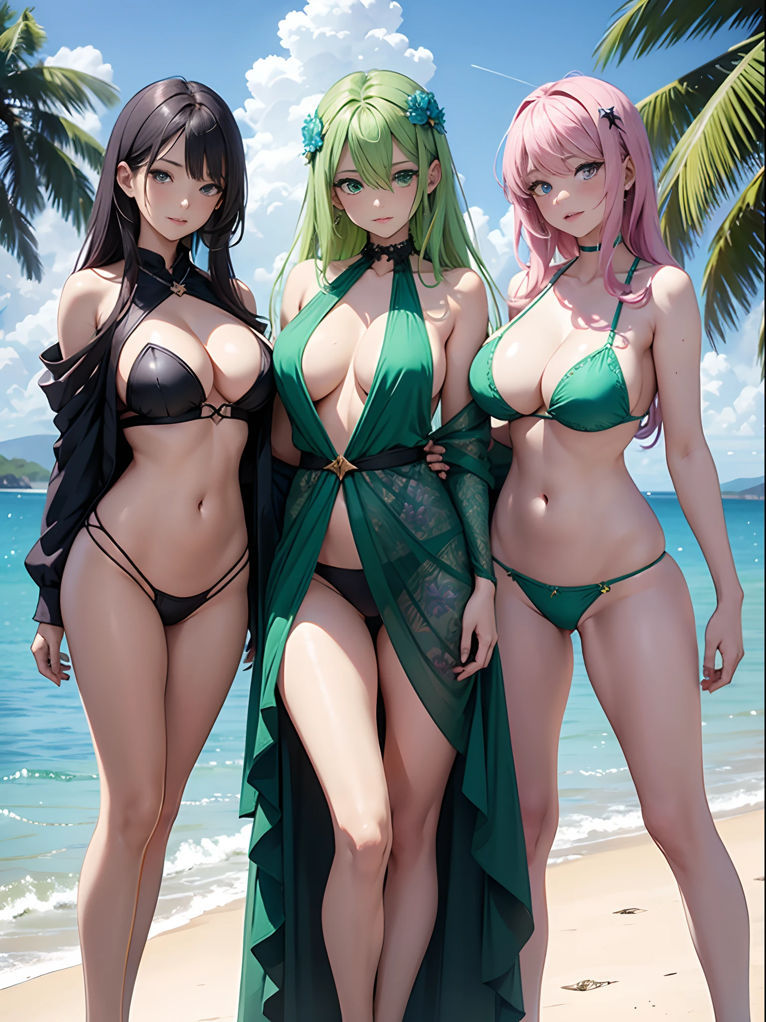 Four 20-year-old beauties,(star-shaped bule pupils,+_+,pupils in symbol shapes,sparkle eyes)),(Enrich the picture,Masterpiece level quality),Exquisite 8KCG artwork,Four goddess-like figures,Stand in the beach water,Postural exercises,Slim and soft,Translucent skin,The skin is fair and juicy,Oversized breasted green bikini miniskirt uniform,Perspective Part 1.2x enhanced silhouette effect,Exquisite transparent blues pattern in pajamas,The details are intricate and exquisite,The background is slightly blurred,Charming and lustful leg seduction,Drool,Extra-large big breasts,Blush,Perfect body slim curves,Beach grounds,The four goddesses stood together,Greenish-yellow hair,Pink hair,Violet blue hair,Near-full-body photo,