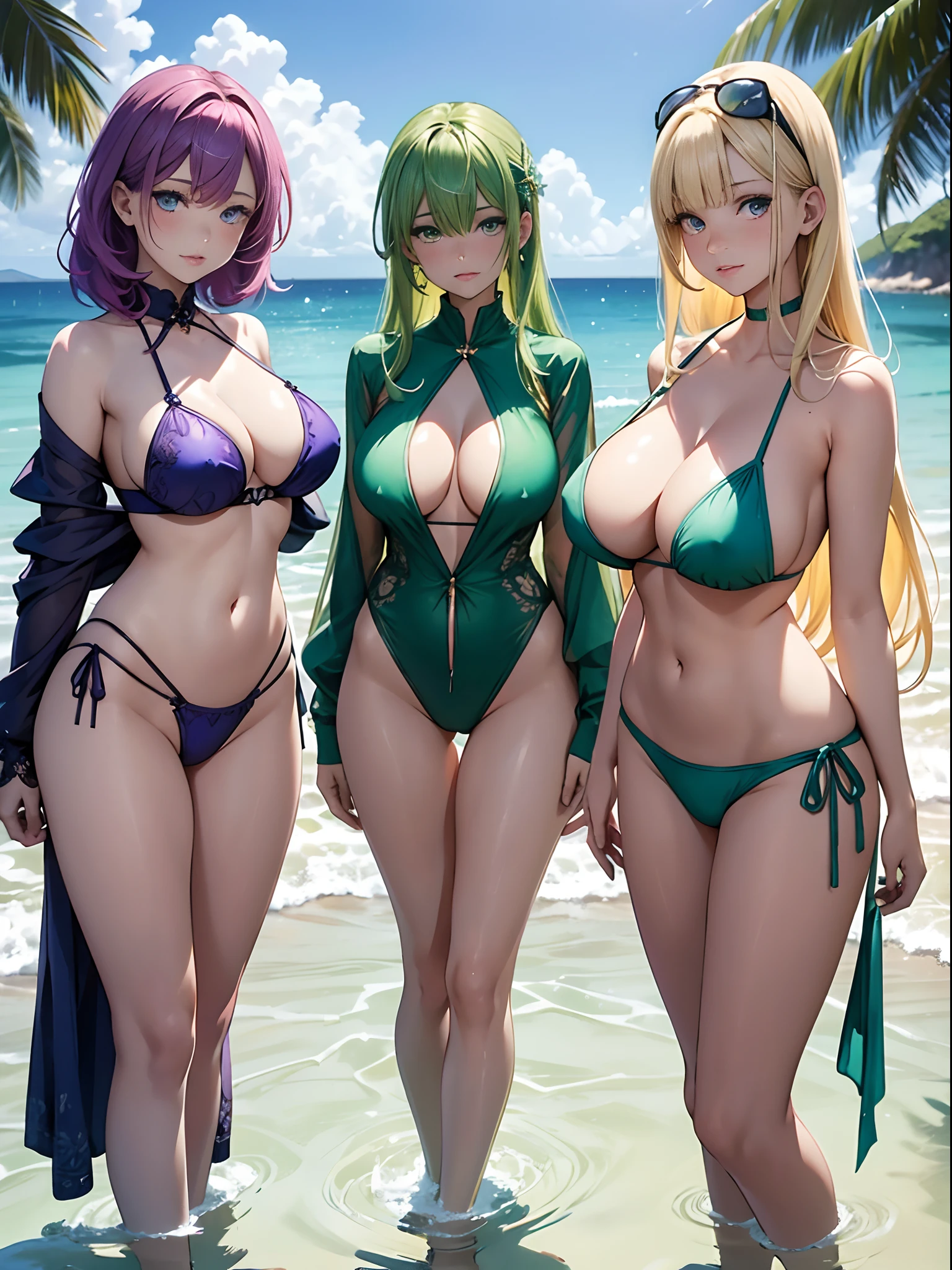 Four 20-year-old beauties，（star-shaped bule pupils，+_+，pupils in symbol shapes，sparkle eyes）），（Enrich the picture，Masterpiece level quality），Exquisite 8KCG artwork，Four goddess-like figures，Stand in the beach water，Postural exercises，Slim and soft，Translucent skin，The skin is fair and juicy，Oversized breasted green ?????? miniskirt uniform，Perspective Part 1.2x enhanced silhouette effect，Exquisite transparent blues pattern in pajamas，The details are intricate and exquisite，The background is slightly blurred，Charming and ??????? leg seduction，Drool，Extra-large ???????????，Blush，Perfect body slim curves，Beach grounds，The four goddesses stood together，Greenish-yellow hair，Pink hair，Violet blue hair，Near-full-body photo，