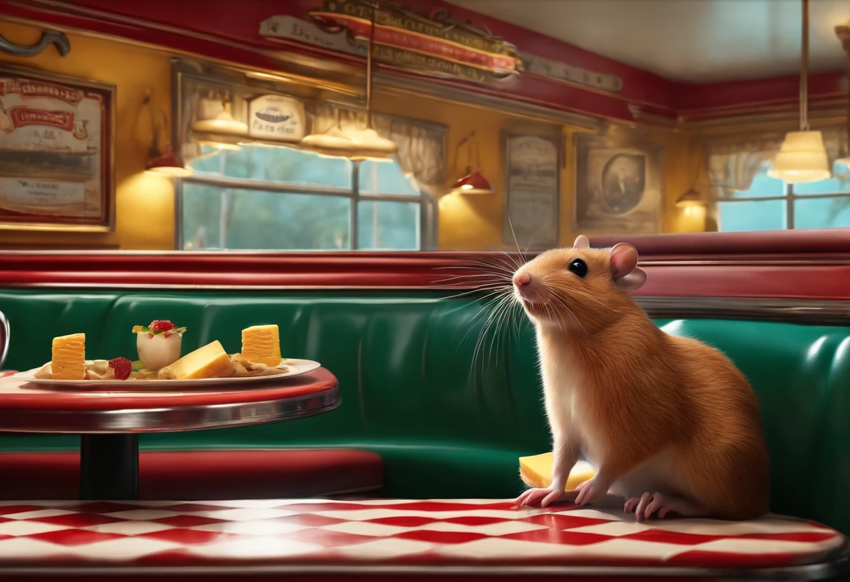 coelho na camisola vermelha, In a 1930s diner eating a piece of cheese,  outro mouse em segundo plano