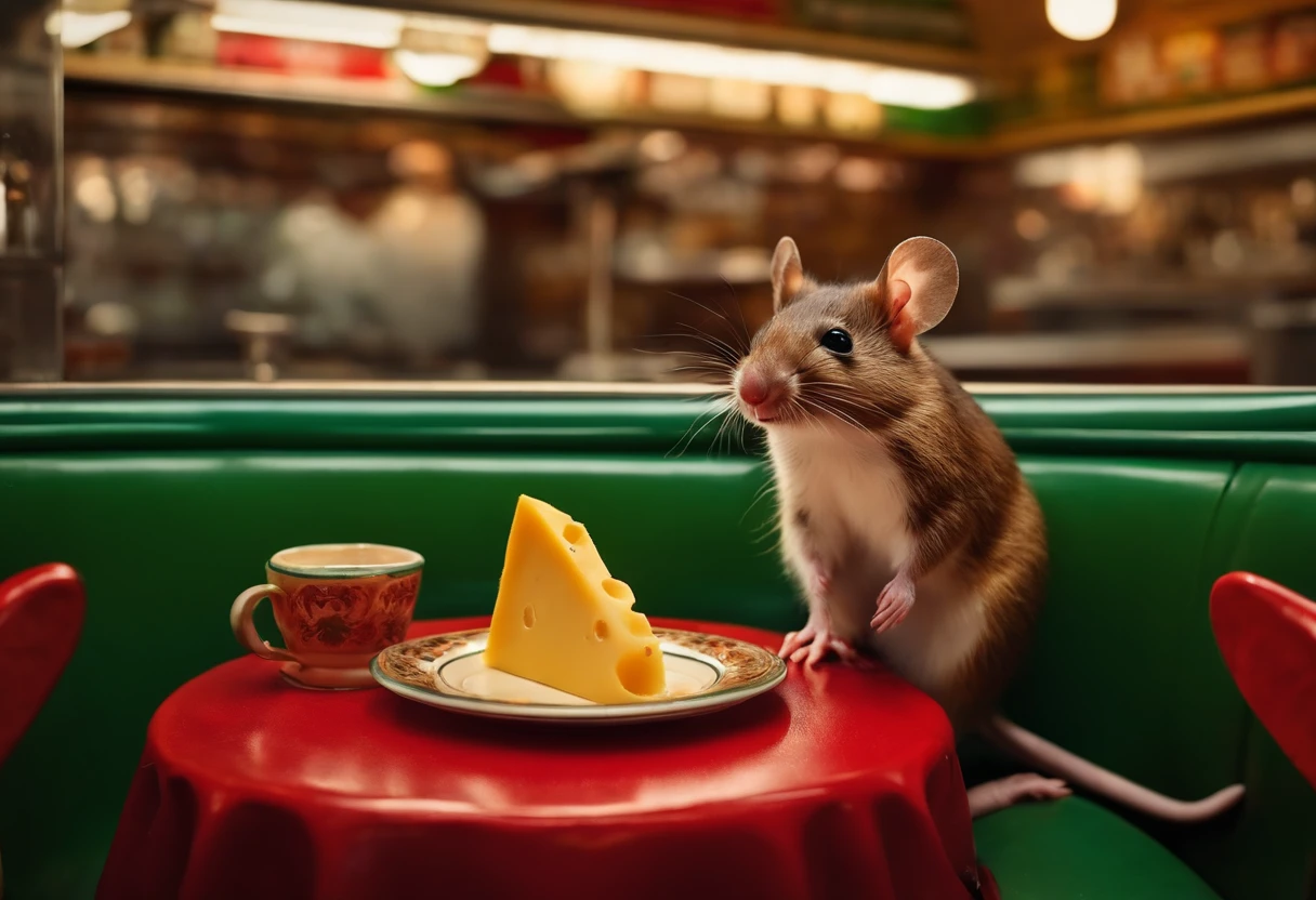 coelho na camisola vermelha, In a 1930s diner eating a piece of cheese, outro mouse em segundo plano