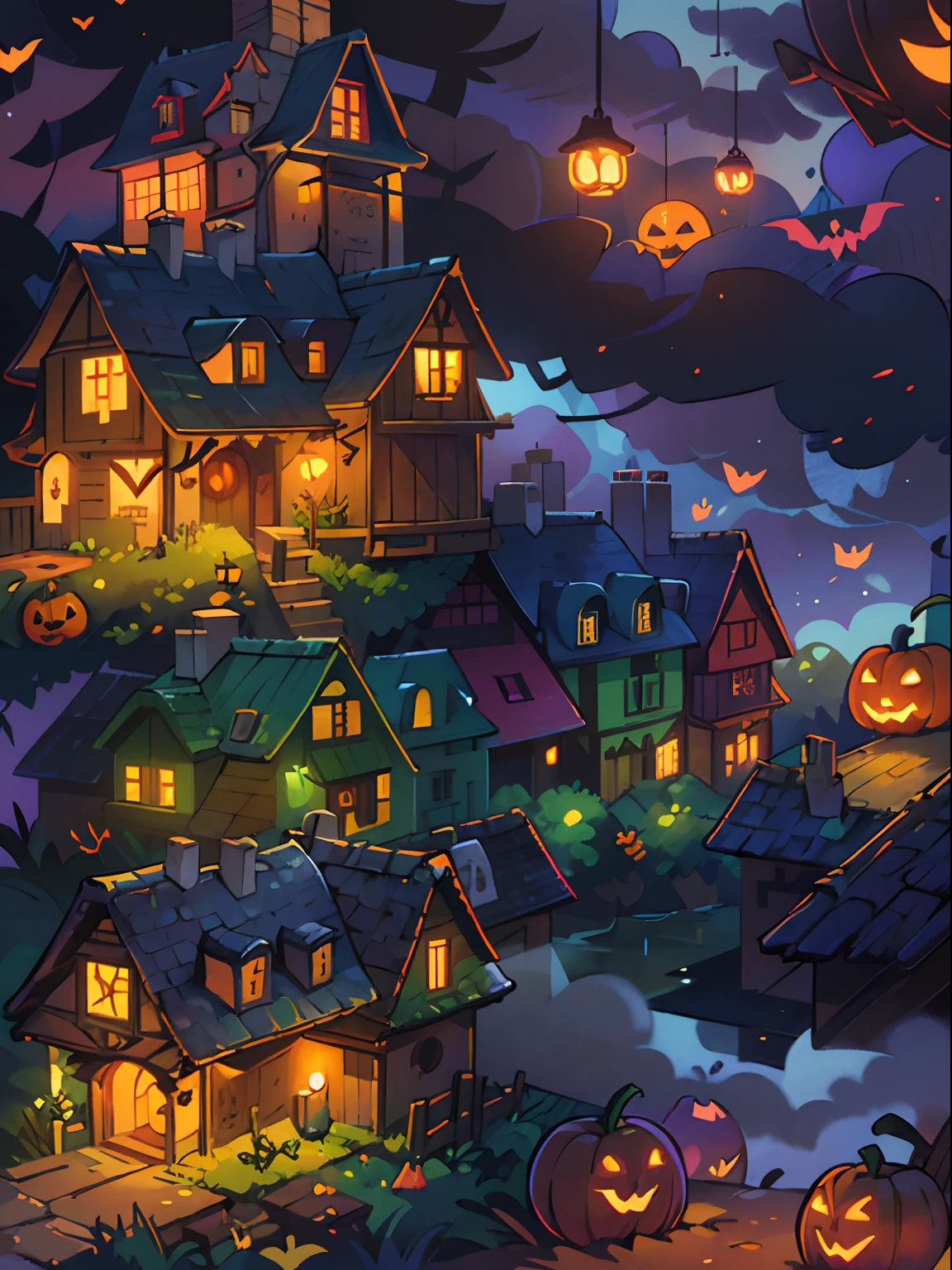 Halloween Floating Lights, Cinematic light and reflection, glowing lights, houses halloween themes,Digital Painting, Glowing reflections, pumpkin Halloween Jack-o'-lantern, calm night, Digital Illustration, Beautiful atmosphere, Skylight at night, Calm evening atmosphere, Jack-o'-lantern, Halloween, the night, Halloween, Surrounded by clouds, gorgeous colors, There are three arches in the foreground((color ink)), ( (Splash ink ) ), ((Splash ink) inky})), tmasterpiece, high quarity, Beautiful graphics, high detal, Magnificent, (contest winner art)