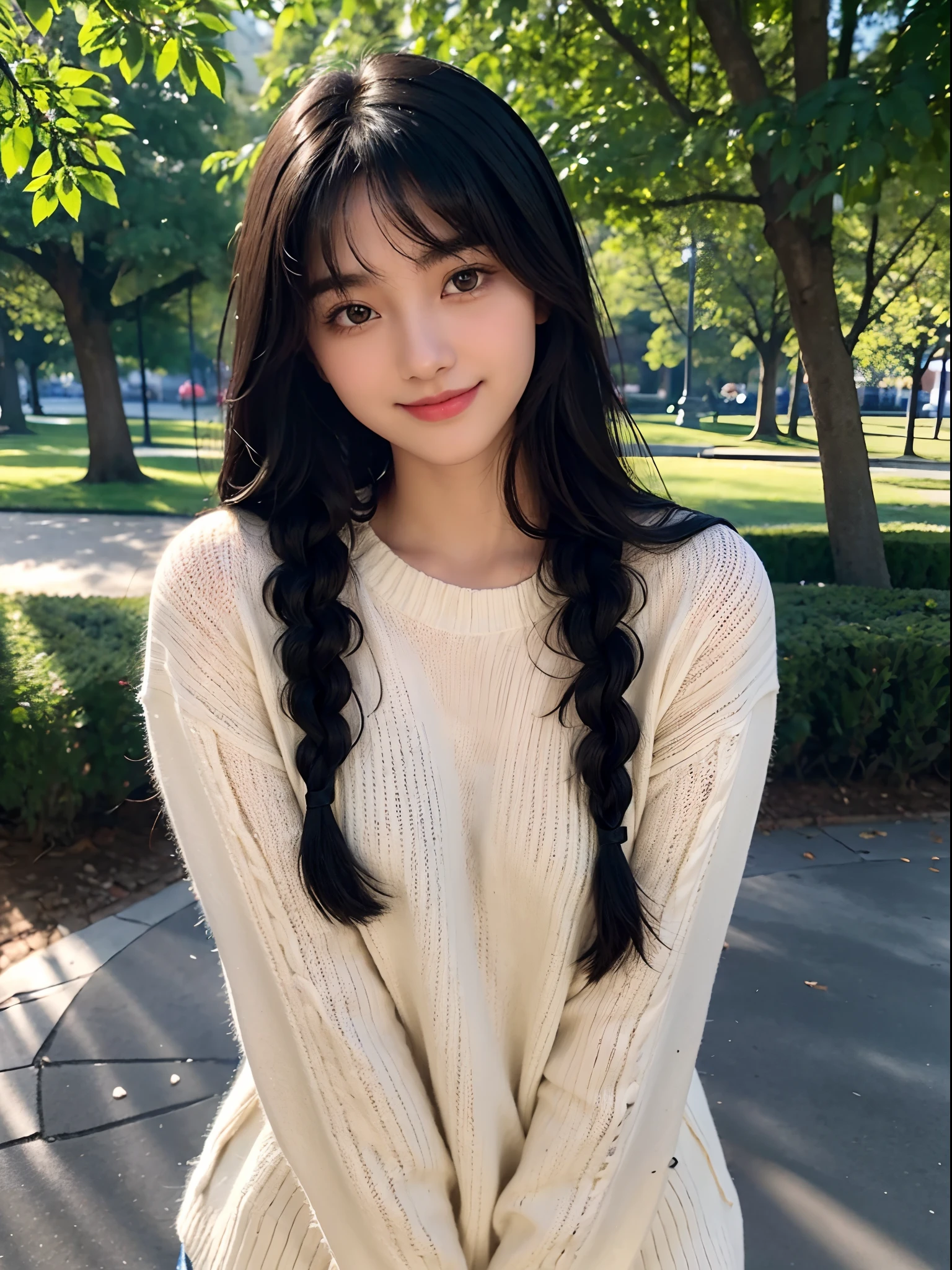 girl with１a person、１６Year old girl、cute  face、delicated face、Coquettish smile、Lustrous lips、tthin eyebrows、beautidful eyes、Very long black hair、Silky long straight hair、Thin braid、Beautiful bangs、Delicate figure、Oversized sweaters、Black spats、espadrilles、a park