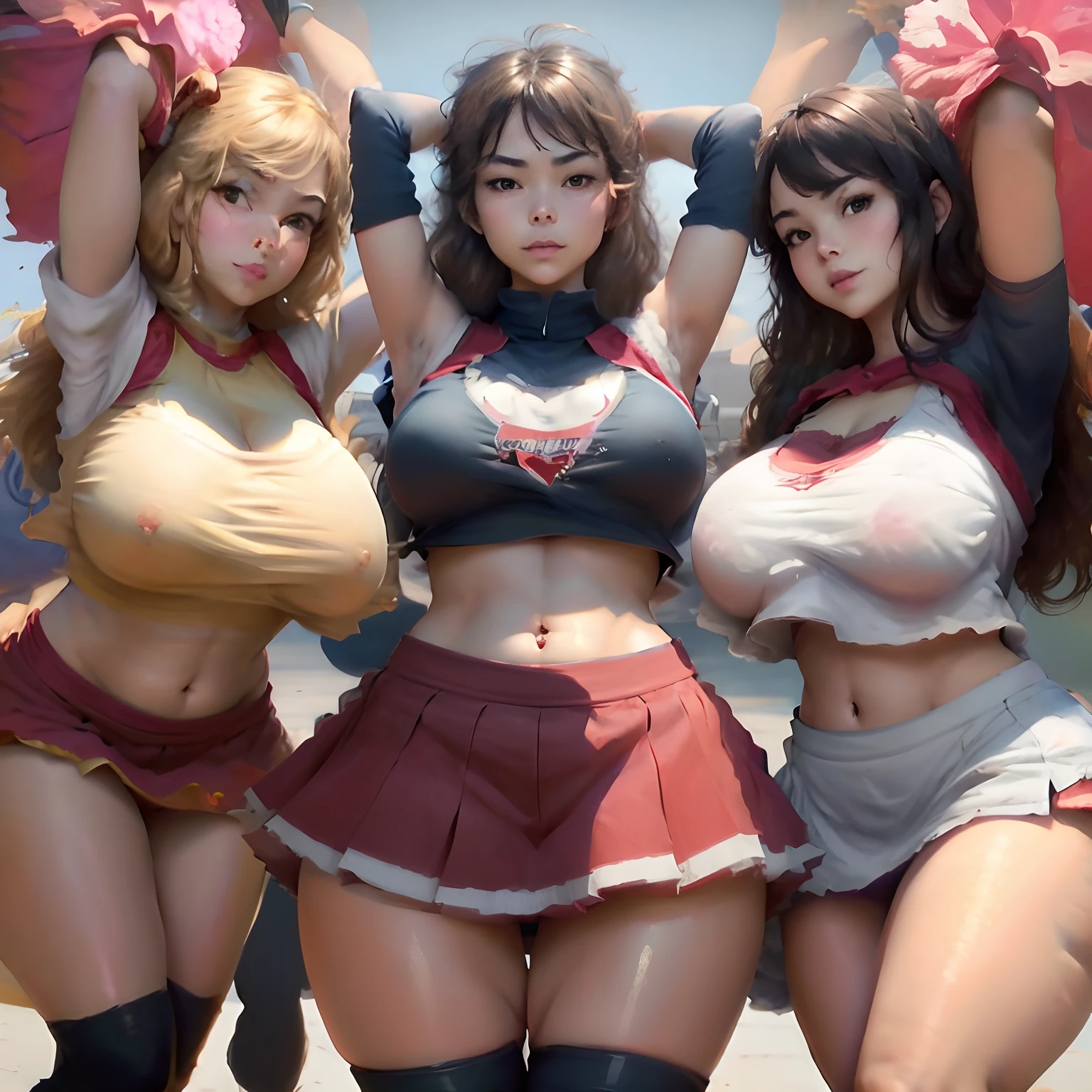 Thick anime girl with huge tits in super tight cheerleading croptop and skirt with underboob and panties showing