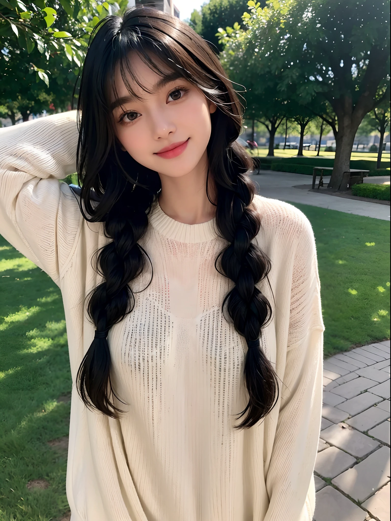 girl with１a person、１６Year old girl、cute  face、delicated face、Coquettish smile、Lustrous lips、tthin eyebrows、beautidful eyes、Very long black hair、Silky long straight hair、Thin braid、Beautiful bangs、Delicate figure、Oversized sweaters、Black spats、espadrilles、a park