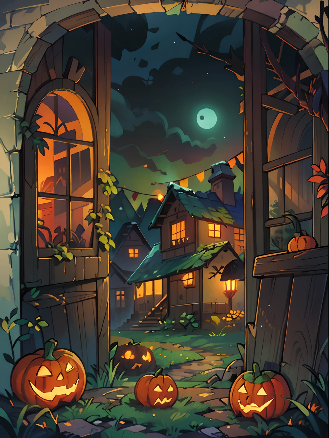 Halloween Floating Lights, Cinematic light and reflection, glowing lights, houses halloween themes,Digital Painting, Glowing reflections, pumpkin Halloween Jack-o'-lantern, calm night, Digital Illustration, Beautiful atmosphere, Skylight at night, Calm evening atmosphere, Jack-o'-lantern, Halloween, the night, Halloween, Surrounded by clouds, gorgeous colors, There are three arches in the foreground((color ink)), ( (Splash ink ) ), ((Splash ink) inky})), tmasterpiece, high quarity, Beautiful graphics, high detal, Magnificent, (contest winner art)
