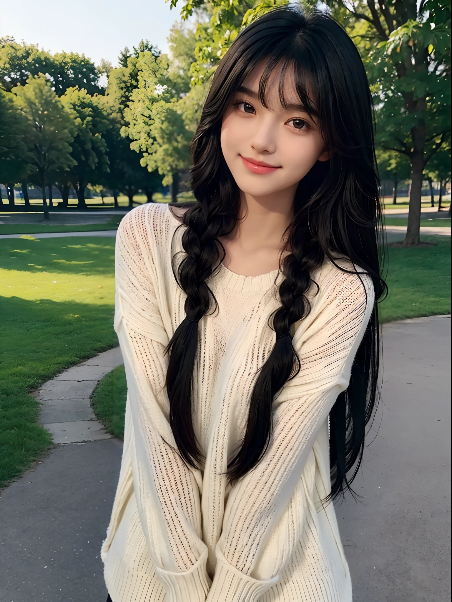 girl with1a person、16Year old girl、cute face、delicated face、Coquettish smile、Lustrous lips、tthin eyebrows、beautidful eyes、Very long black hair、Silky long straight hair、Thin braid、Beautiful bangs、Delicate figure、Oversized sweaters、Black spats、espadrilles、a park