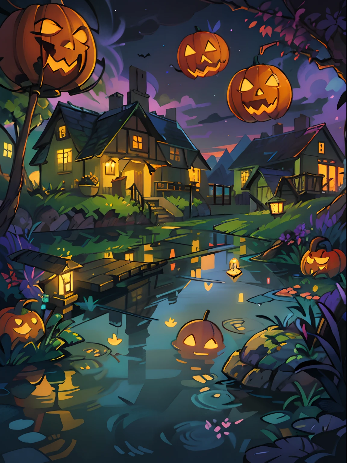 Halloween Floating Lights, Cinematic light and reflection, glowing lights, houses halloween themes,Digital Painting, Glowing reflections, pumpkin Halloween Jack-o'-lantern, calm night, Digital Illustration, Beautiful atmosphere, Skylight at night, Calm evening atmosphere, Jack-o'-lantern, Halloween, the night, Halloween, Surrounded by clouds, gorgeous colors, There are three arches in the foreground((color ink)), ( (Splash ink ) ), ((Splash ink) inky})), tmasterpiece, high quarity, Beautiful graphics, high detal, Magnificent, (contest winner art)