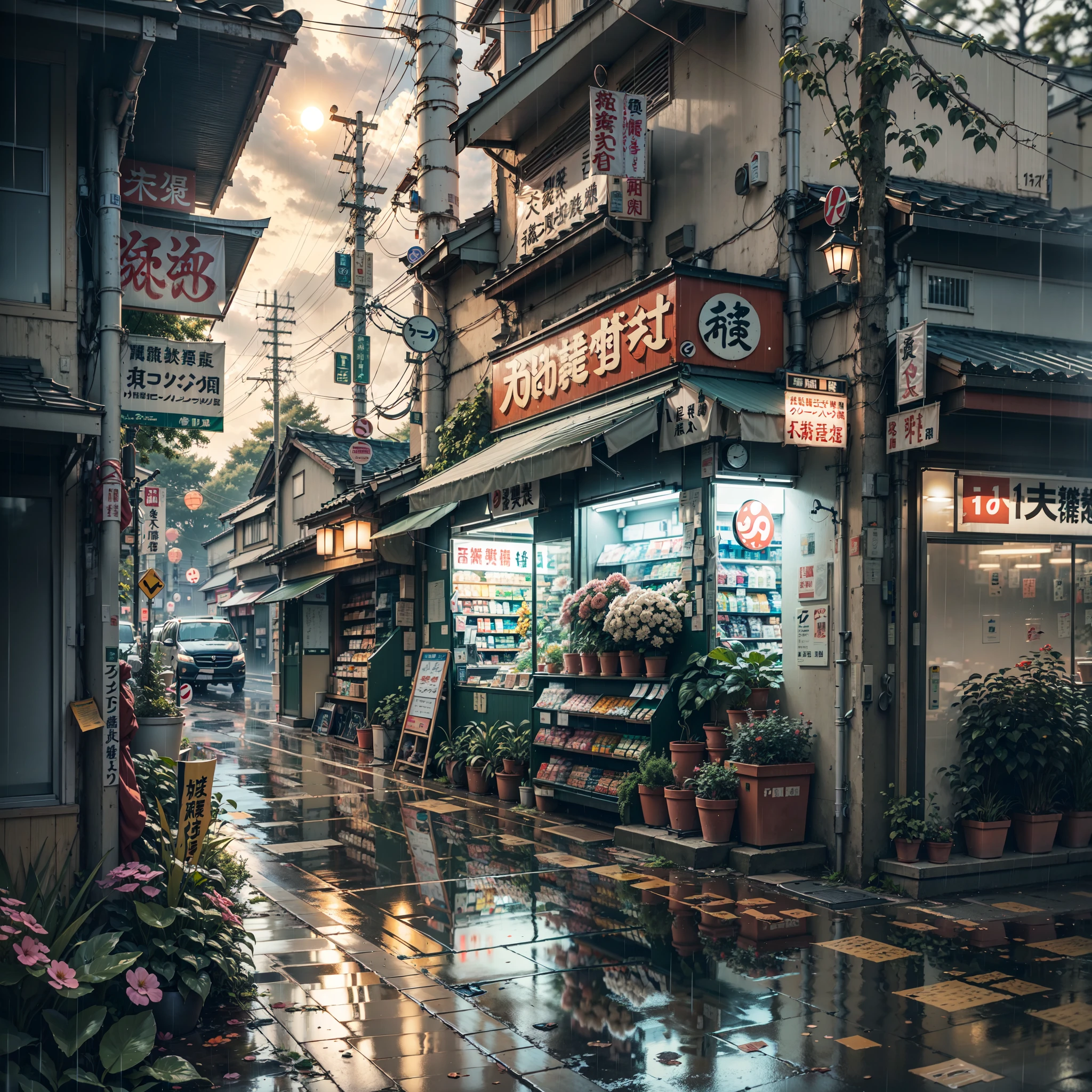 anime background, anime wallpaper, anime, anime style, lofi, lofi style, modern japanese street, modern japanese architecture, japanese convenience store, big retro japanese shop signs, retro japanese store, trees, plants, rocks, plant pots, shop signs, japanese banners, japanese signs, flags, sunrise, rain, raining, heavy rain, dramatic weather, puddles on the floor,  rain falling from the sky, rain drops, empty street, no one in sight, (no one: 1), best quality, rural tokyo, sun in sky