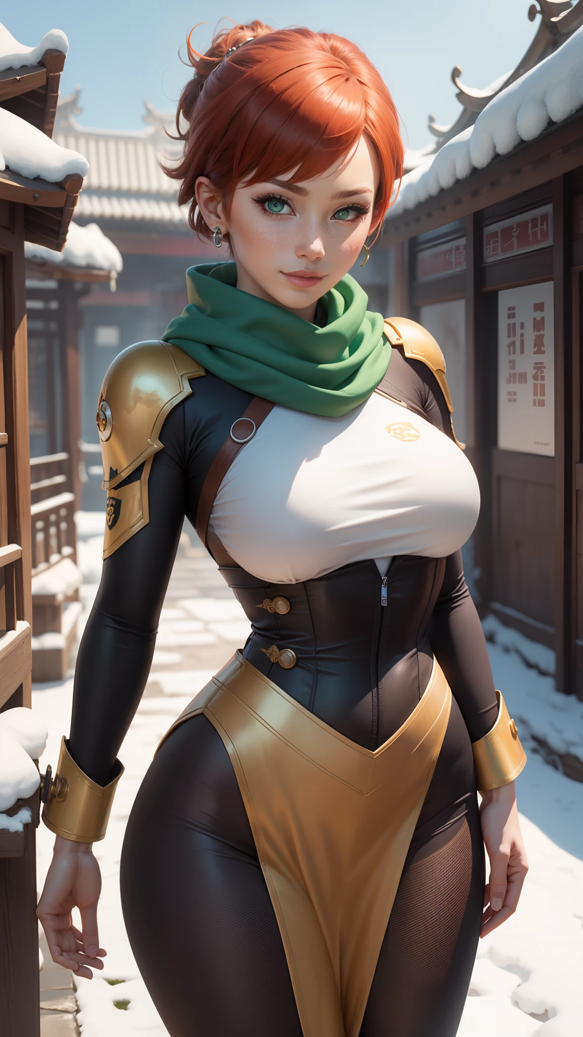 gwen tennyson,tracer,chun-li,rebecca chambers,overwatch,gundam,1girl,close up,mecha pilot,chinese garden,orange and gold dress,chinese hair pin,pirate corset,silver long sleeve lycra top,silver leggings,short hair,cute makeup,green eyes,orange and gold hair,shy smile, freckles,redhead,beautiful girl,large breasts,ultra detailed,realistic,fantasy art,chinese dress,steel armor,snow scarf,kung-fu uniform,aqua earrings,