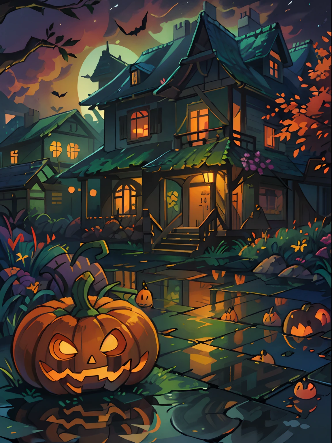 Halloween Floating Lights, Cinematic light and reflection, glowing lights, houses halloween themes，Digital Painting, Glowing reflections, pumpkin Halloween Jack-o'-lantern, calm night, Digital Illustration, Beautiful atmosphere, Skylight at night, Calm evening atmosphere, Jack-o'-lantern, Halloween, the night, Halloween, Surrounded by clouds, gorgeous colors, There are three arches in the foreground((color ink)), ( (Splash ink ) ), ((Splash ink) inky})), tmasterpiece, high quarity, Beautiful graphics, high detal, Magnificent, (contest winner art)