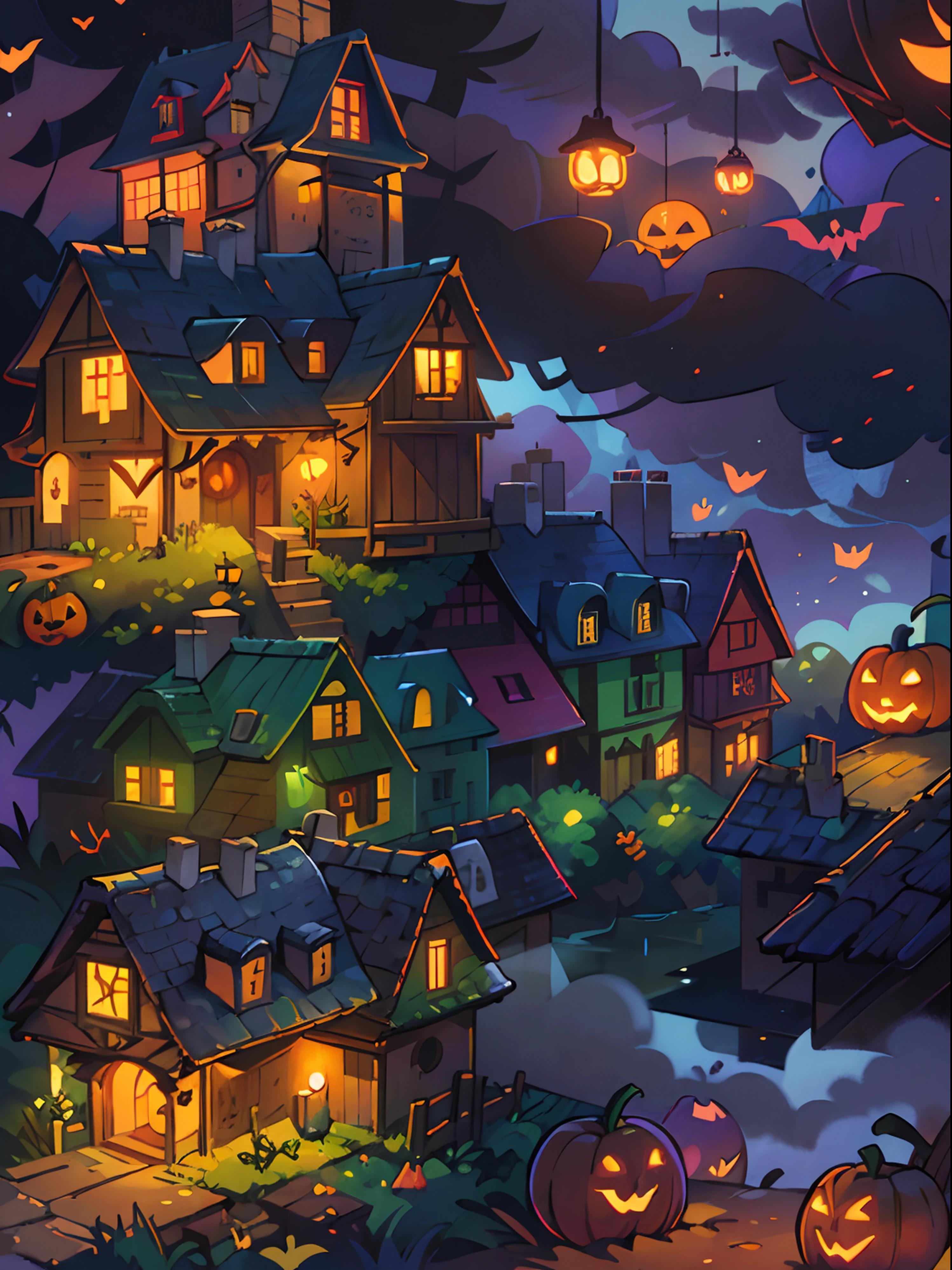 Halloween Floating Lights, Cinematic light and reflection, glowing lights, houses halloween themes,Digital Painting, Glowing reflections, pumpkin Halloween Jack-o'-lantern, calm night, Digital Illustration, Beautiful atmosphere, Skylight at night, Calm evening atmosphere, Jack-o'-lantern, Halloween, the night, Halloween, Surrounded by clouds, gorgeous colors, There are three arches in the foreground((color ink)), ( (Splash ink ) ), ((Splash ink) inky})), tmasterpiece, high quarity, Beautiful graphics, high detal, Magnificent, (contest winner art)