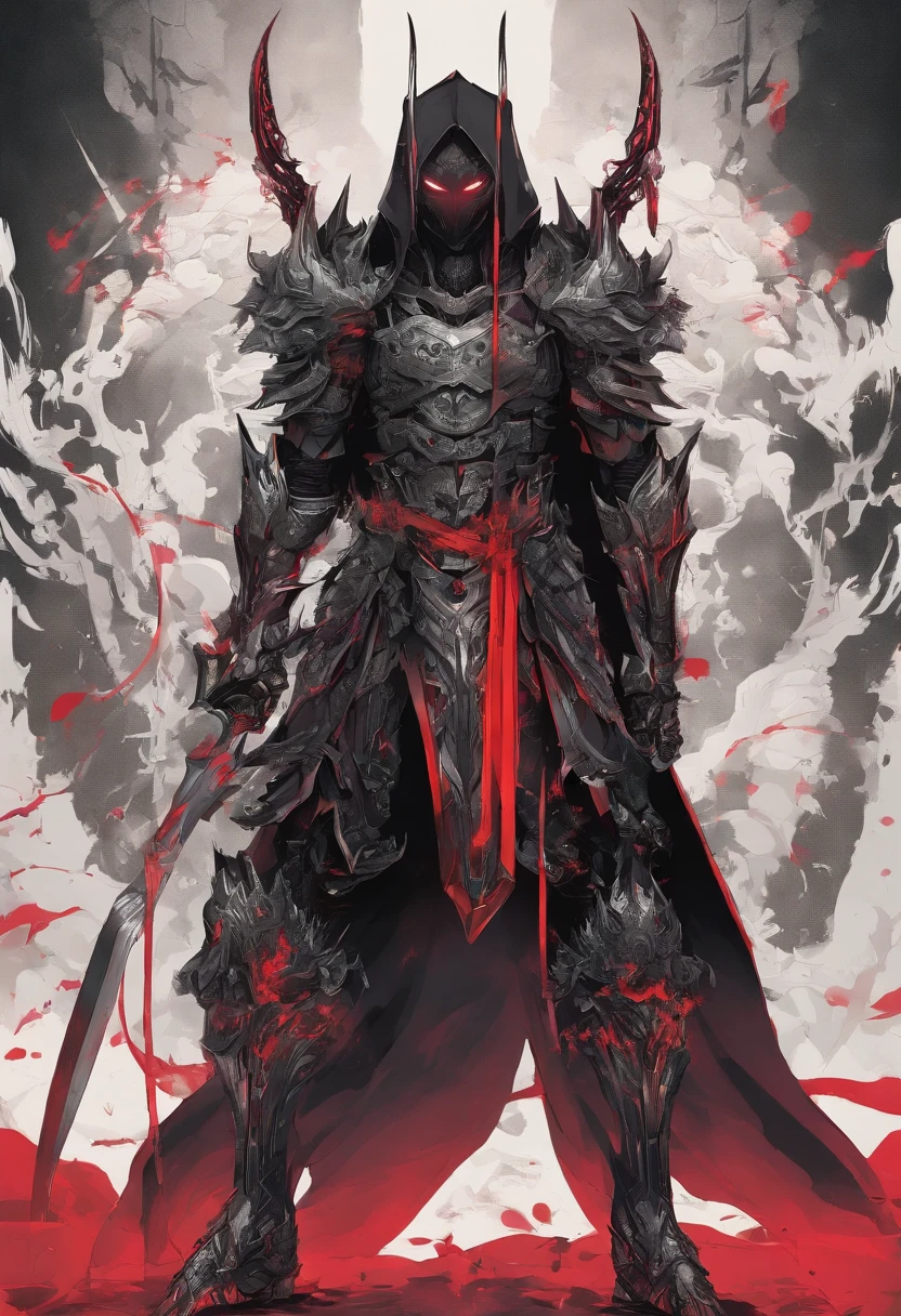 Demon Warrior full body, his two hands are holding two greats dark bladeswhich are scraping the floor, 2 red lights are coming from his eyes, dark fantasy style, Clothes and armor dyed in black, with a hood that's masking his face