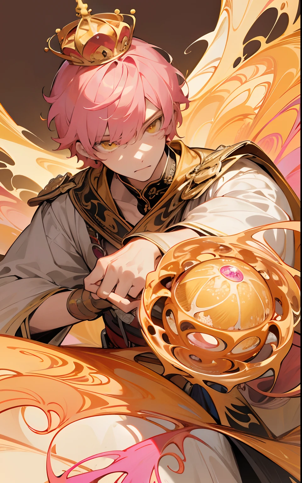 masterpiece, top quality, best quality, official art, beautiful and aesthetic:1.2), (1man), teen man, young man, man of 16, extreme detailed,(fractal art:1.3),colorful,highest detailed, pink hair, short hair, yellow golden eyes, prince, thin, sitting, holding crown, abstract dark background