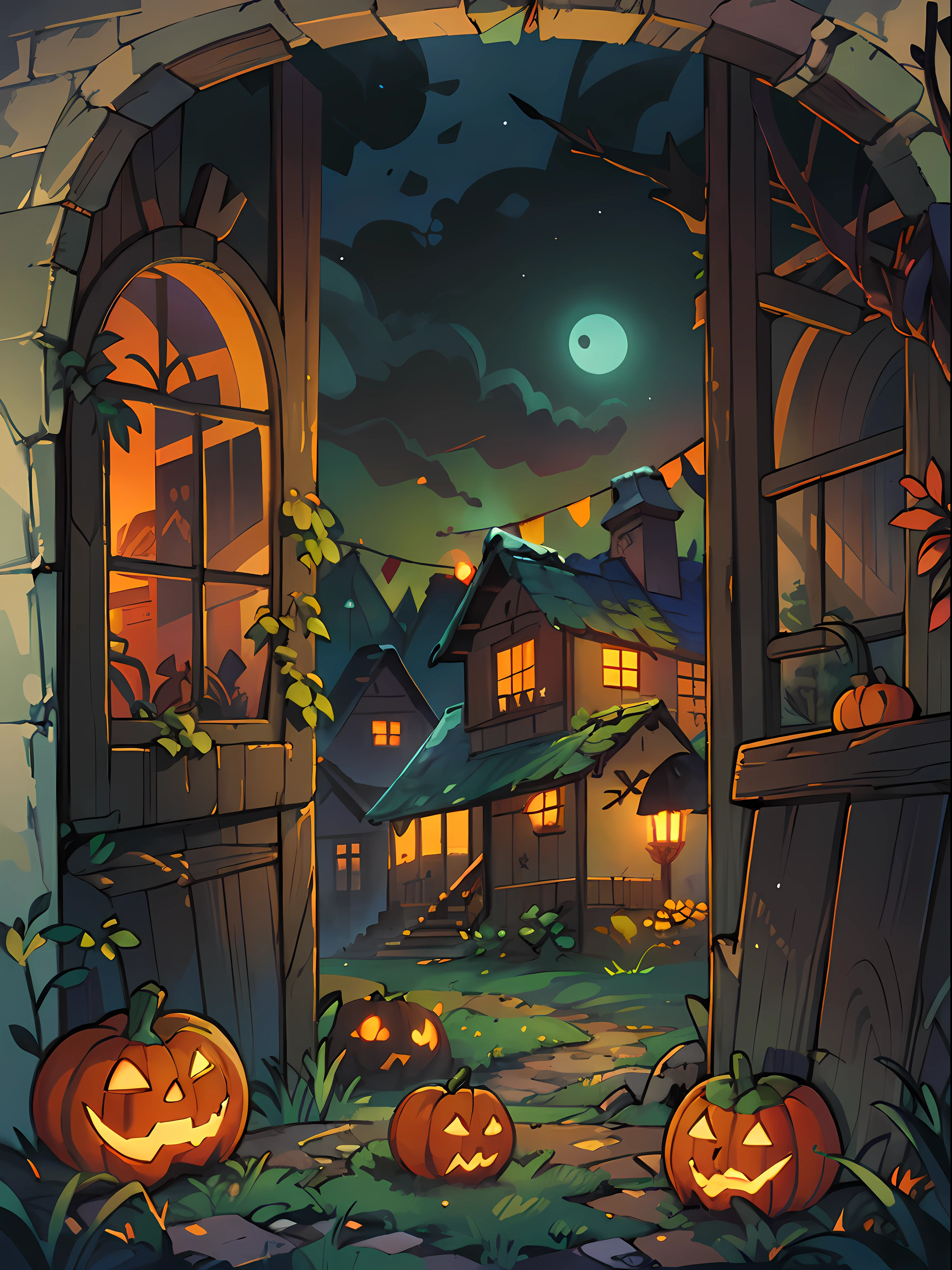 Halloween Floating Lights, Cinematic light and reflection, glowing lights, houses halloween themes，Digital Painting, Glowing reflections, pumpkin Halloween Jack-o'-lantern, calm night, Digital Illustration, Beautiful atmosphere, Skylight at night, Calm evening atmosphere, Jack-o'-lantern, Halloween, the night, Halloween, Surrounded by clouds, gorgeous colors, There are three arches in the foreground((color ink)), ( (Splash ink ) ), ((Splash ink) inky})), tmasterpiece, high quarity, Beautiful graphics, high detal, Magnificent, (contest winner art)