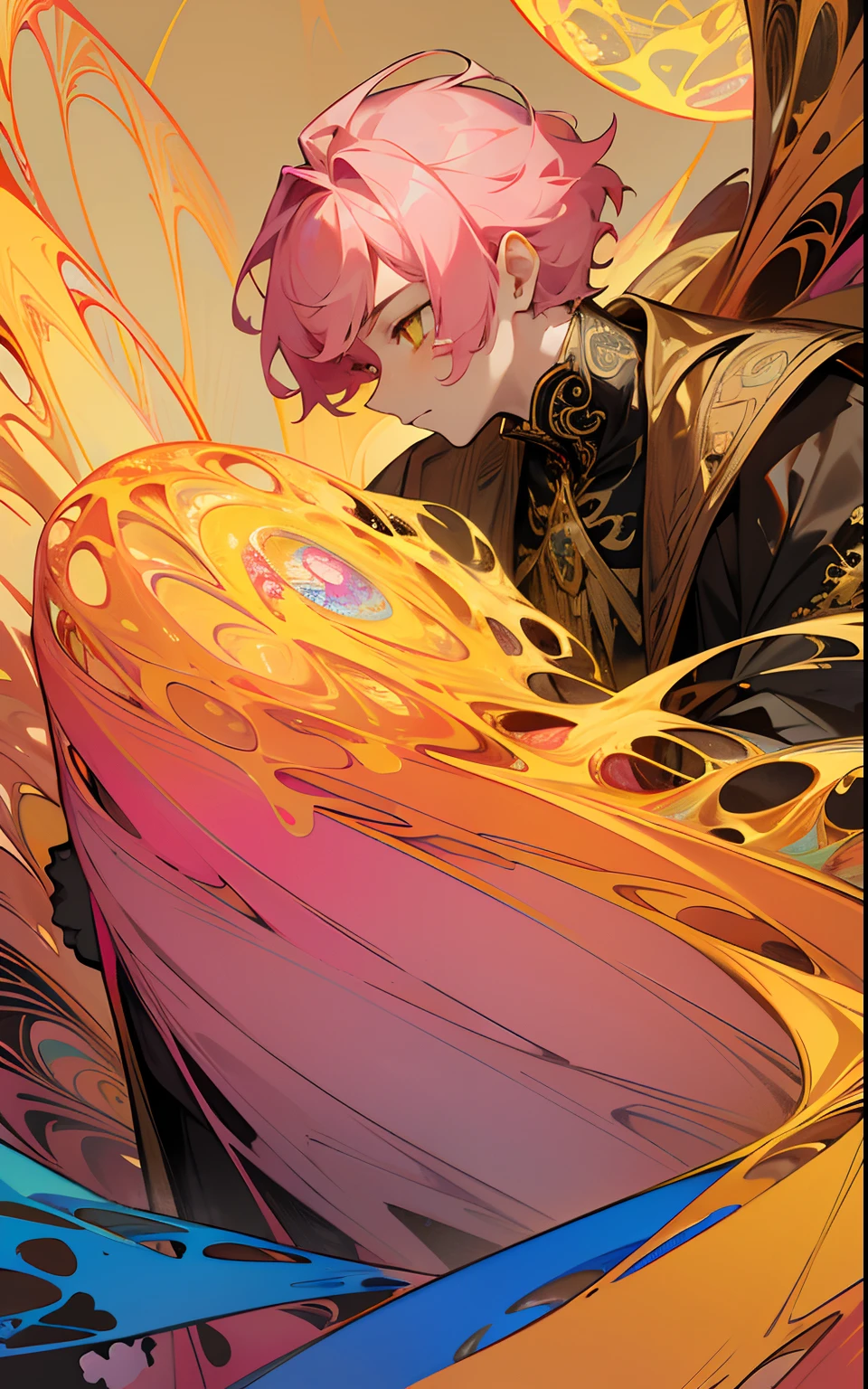 masterpiece, top quality, best quality, official art, beautiful and aesthetic:1.2), (1man), teen man, young man, man of 16, extreme detailed,(fractal art:1.3),colorful,highest detailed, pink hair, short hair, yellow golden eyes, prince, thin, sitting, holding crown, abstract dark background