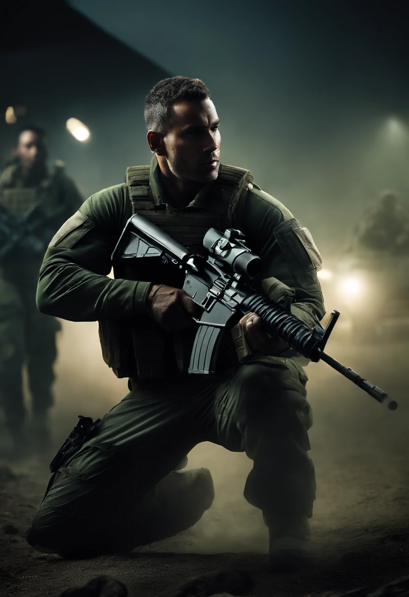 Lion is wearing American military modern equipment and Vest , has a humanoid form, holding the m4a4 gun. In the photo, he is not visible from the waist down, the background is blurred and there is a green special forces/SWAT vehicle in the background.  The atmosphere is foggy.  There are tall gray and muffled buildings in the background