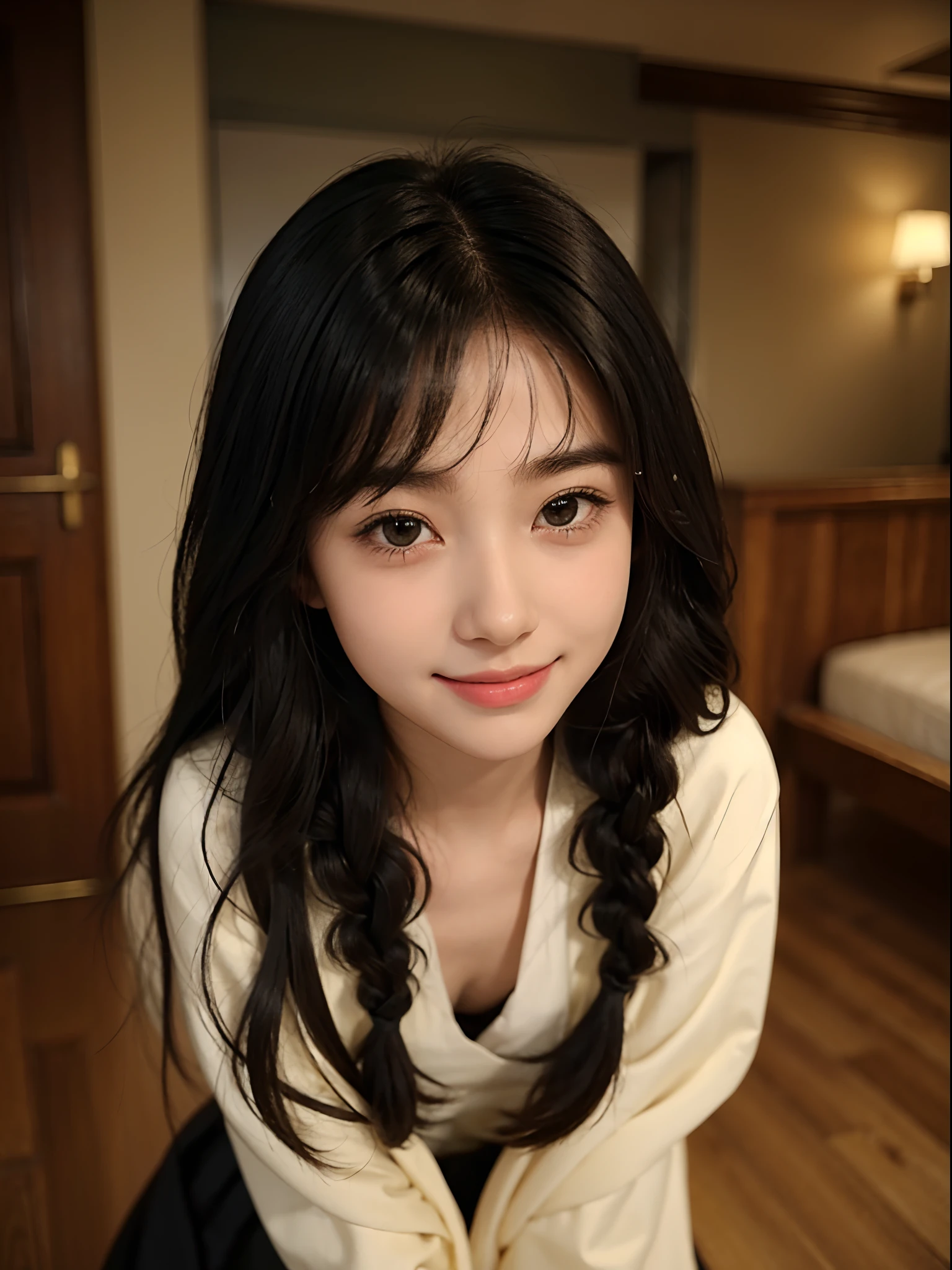 girl with1a person、16Year old girl、cute face、delicated face、Coquettish smile、a small nose、Lustrous lips、tthin eyebrows、beautidful eyes、Very long black hair、Silky long straight hair、Thin braiding、Beautiful bangs、Delicate figure、parka、long skirt、flered skirt