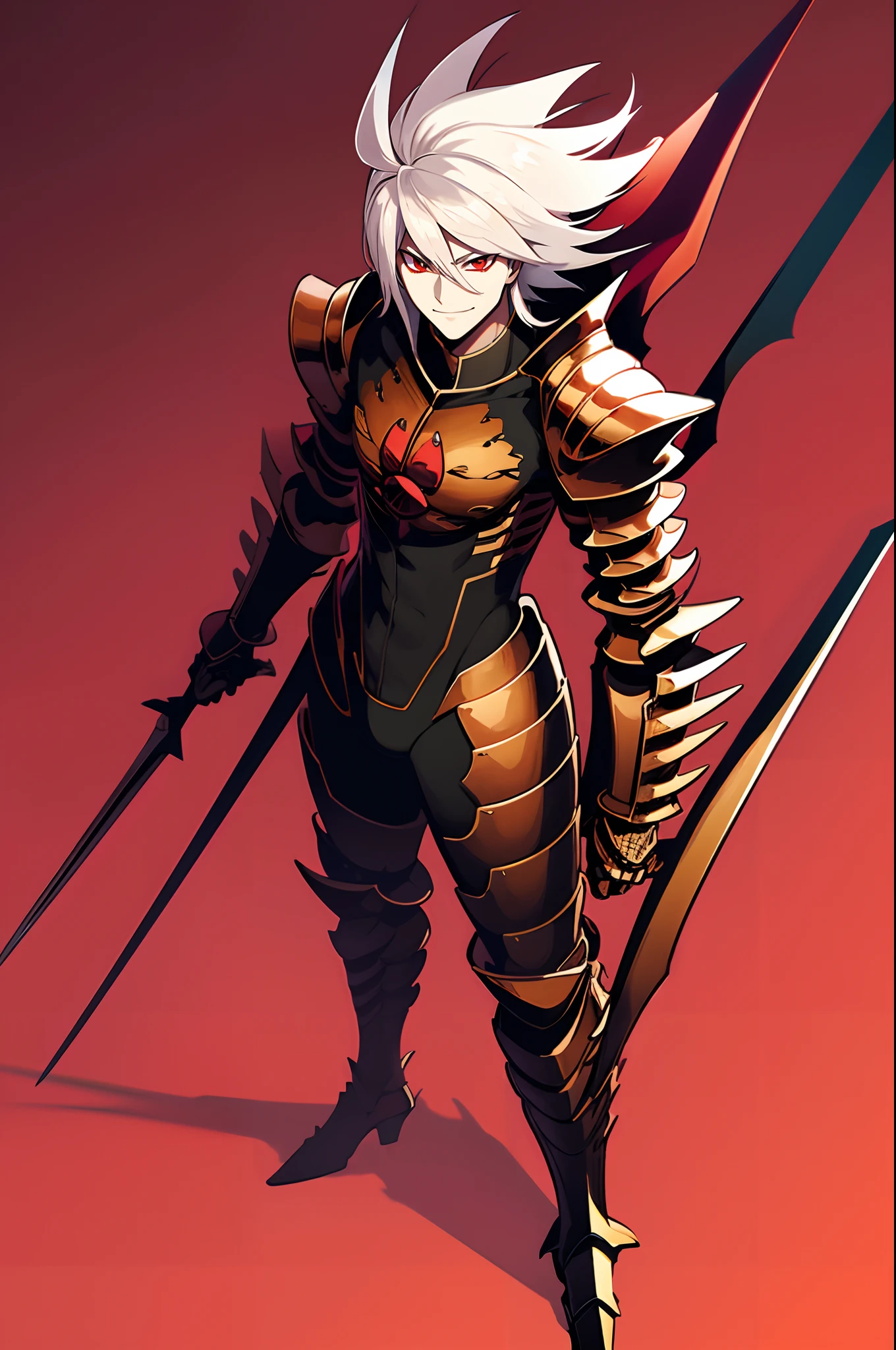 karna, armored, knight, pants, red armor, standing, full body, , sword holding, hetero chromacia, green and red eyes, silver hair, smile, smug