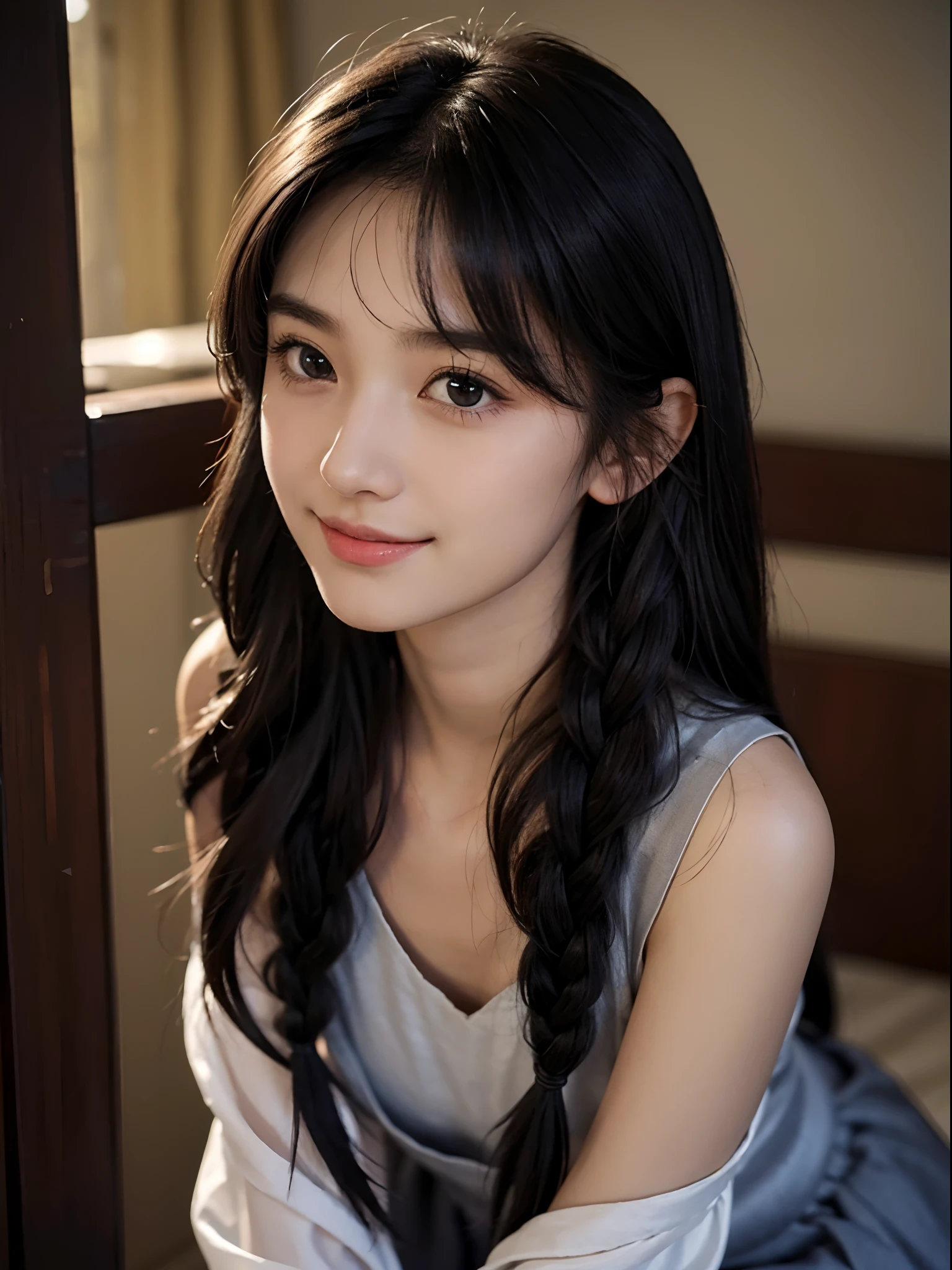 girl with1a person、16Year old girl、cute face、delicated face、Coquettish smile、a small nose、Lustrous lips、tthin eyebrows、beautidful eyes、Very long black hair、Silky long straight hair、Thin braiding、Beautiful bangs、Delicate figure、parka、long skirt、flered skirt