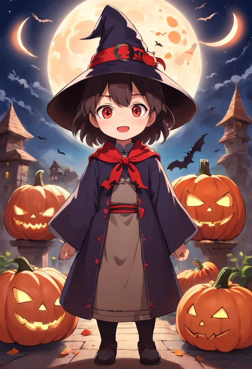 "Produce a spine-tingling Halloween-themed chibi anime artwork that juxtaposes cuteness with horror. Illustrate an adorable male chibi characters dressed as a classic horror icon (e.g., vampire, mummy, or witch) while surrounded by cute, yet spooky, elements like smiling pumpkins with sharp teeth, playful ghosts with a sinister twist, and a moonlit night sky filled with eerie charm." Make clothes have a red and black color theme.