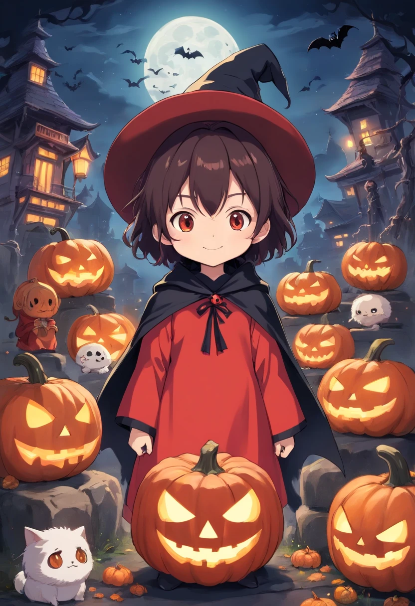 "Produce a spine-tingling Halloween-themed chibi anime artwork that juxtaposes cuteness with horror. Illustrate an adorable male chibi characters dressed as a classic horror icon (e.g., vampire, mummy, or witch) while surrounded by cute, yet spooky, elements like smiling pumpkins with sharp teeth, playful ghosts with a sinister twist, and a moonlit night sky filled with eerie charm." Make clothes have a red and black color theme.
