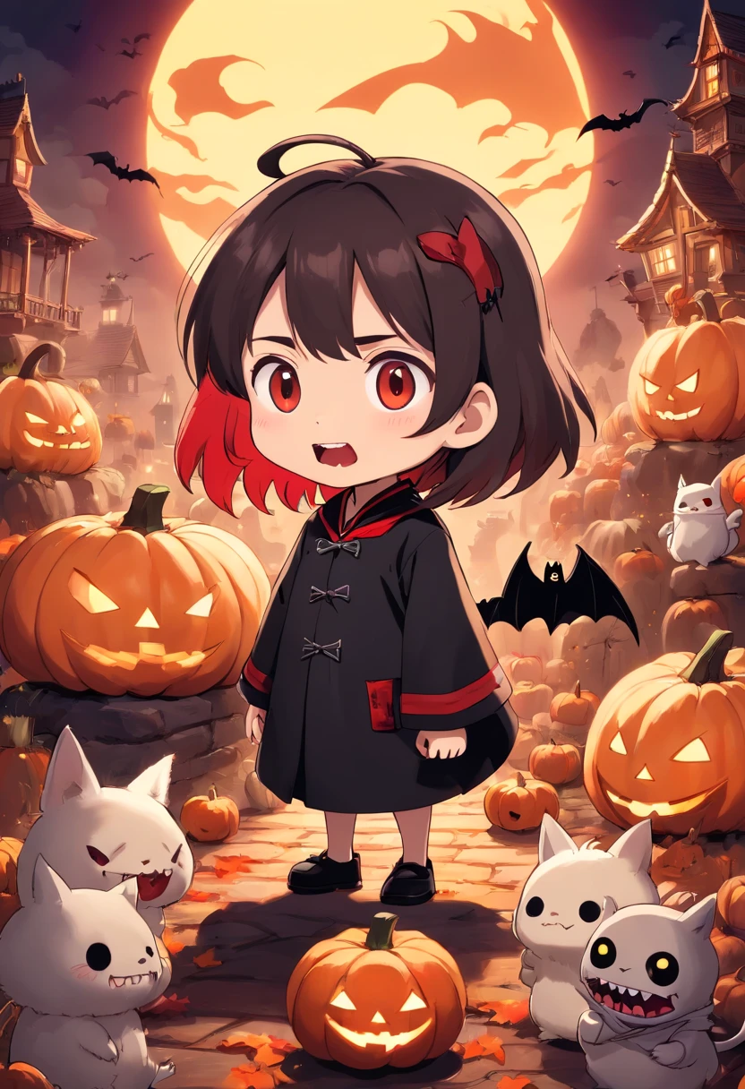 "Produce a spine-tingling Halloween-themed chibi anime artwork that juxtaposes cuteness with horror. Illustrate an adorable male chibi characters dressed as a classic horror icon (e.g., vampire, mummy, or witch) while surrounded by cute, yet spooky, elements like smiling pumpkins with sharp teeth, playful ghosts with a sinister twist, and a moonlit night sky filled with eerie charm." Make clothes have a red and black color theme.