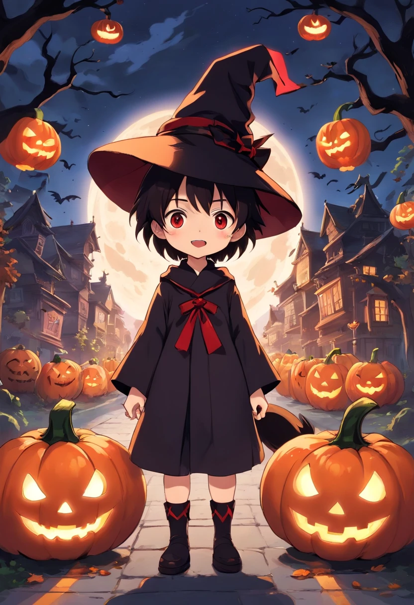 "Produce a spine-tingling Halloween-themed chibi anime artwork that juxtaposes cuteness with horror. Illustrate an adorable male chibi characters dressed as a classic horror icon (e.g., vampire, mummy, or witch) while surrounded by cute, yet spooky, elements like smiling pumpkins with sharp teeth, playful ghosts with a sinister twist, and a moonlit night sky filled with eerie charm." Make clothes have a red and black color theme.