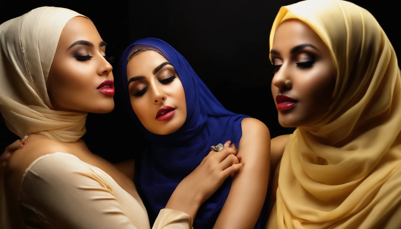 three hijabi girls licking lips sex bed naked oiled boobs lesbian girls