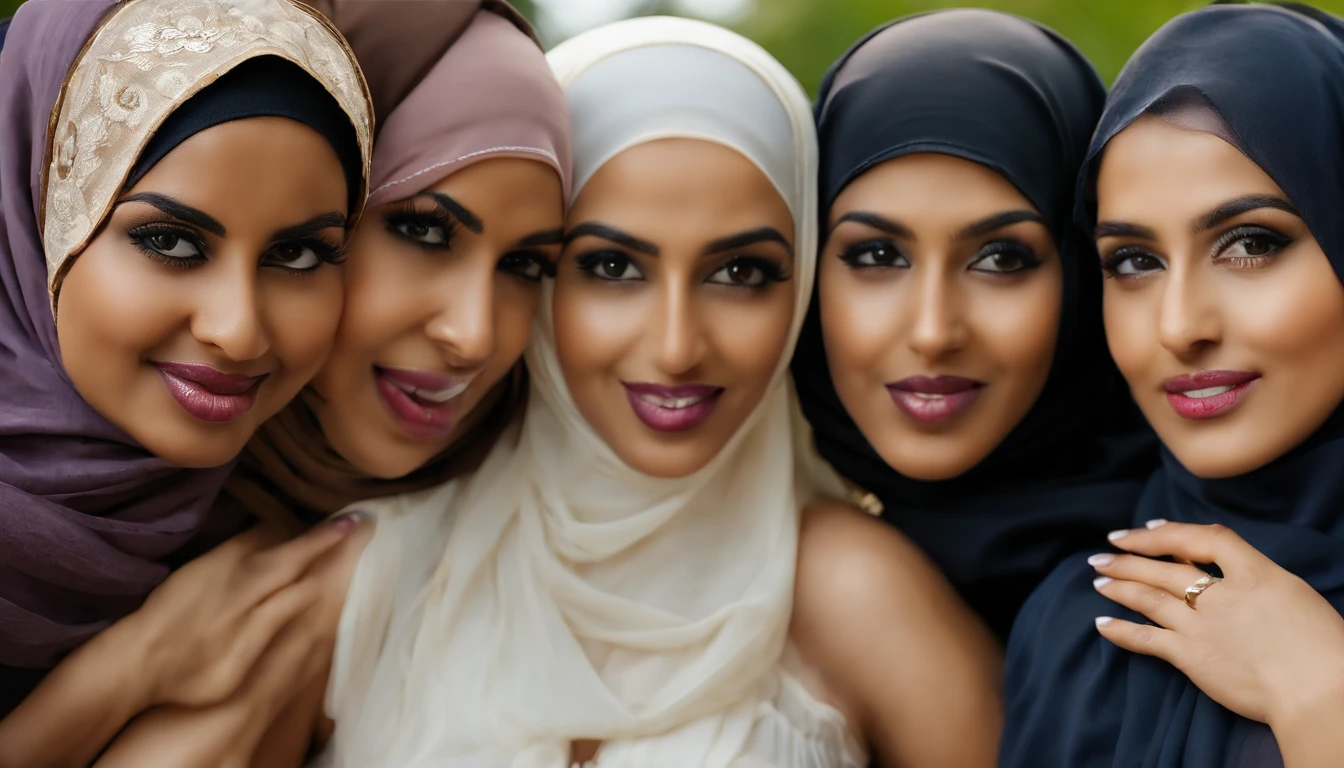 three hijabi girls licking lips sex bed naked oiled boobs lesbian girls
