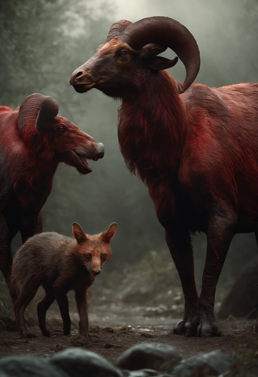 multiple animals mutated into eachother, dark, realistic, horror, blood, wounds, flesh