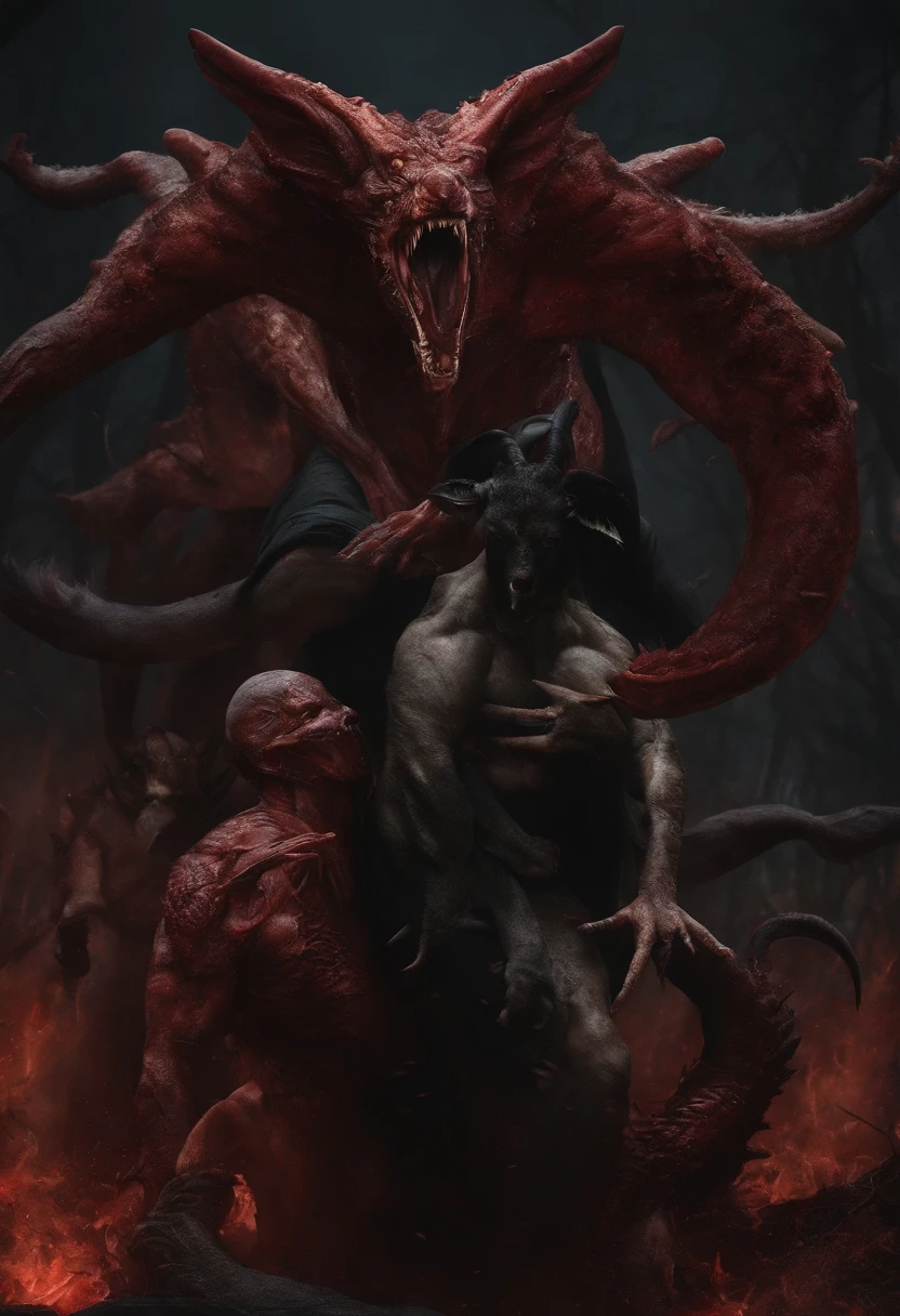multiple animals mutated into eachother, dark, realistic, horror, blood, wounds, flesh