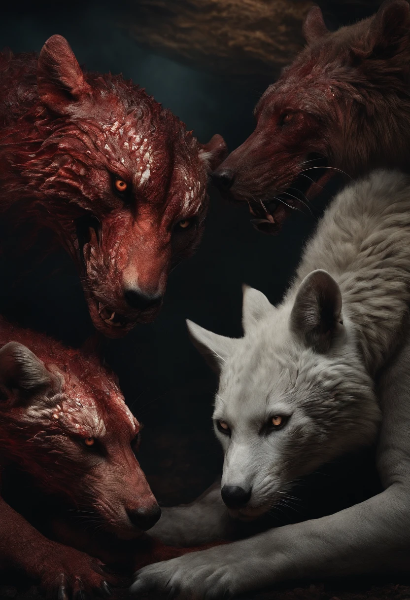 multiple animals mutated into eachother, dark, realistic, horror, blood, wounds, flesh