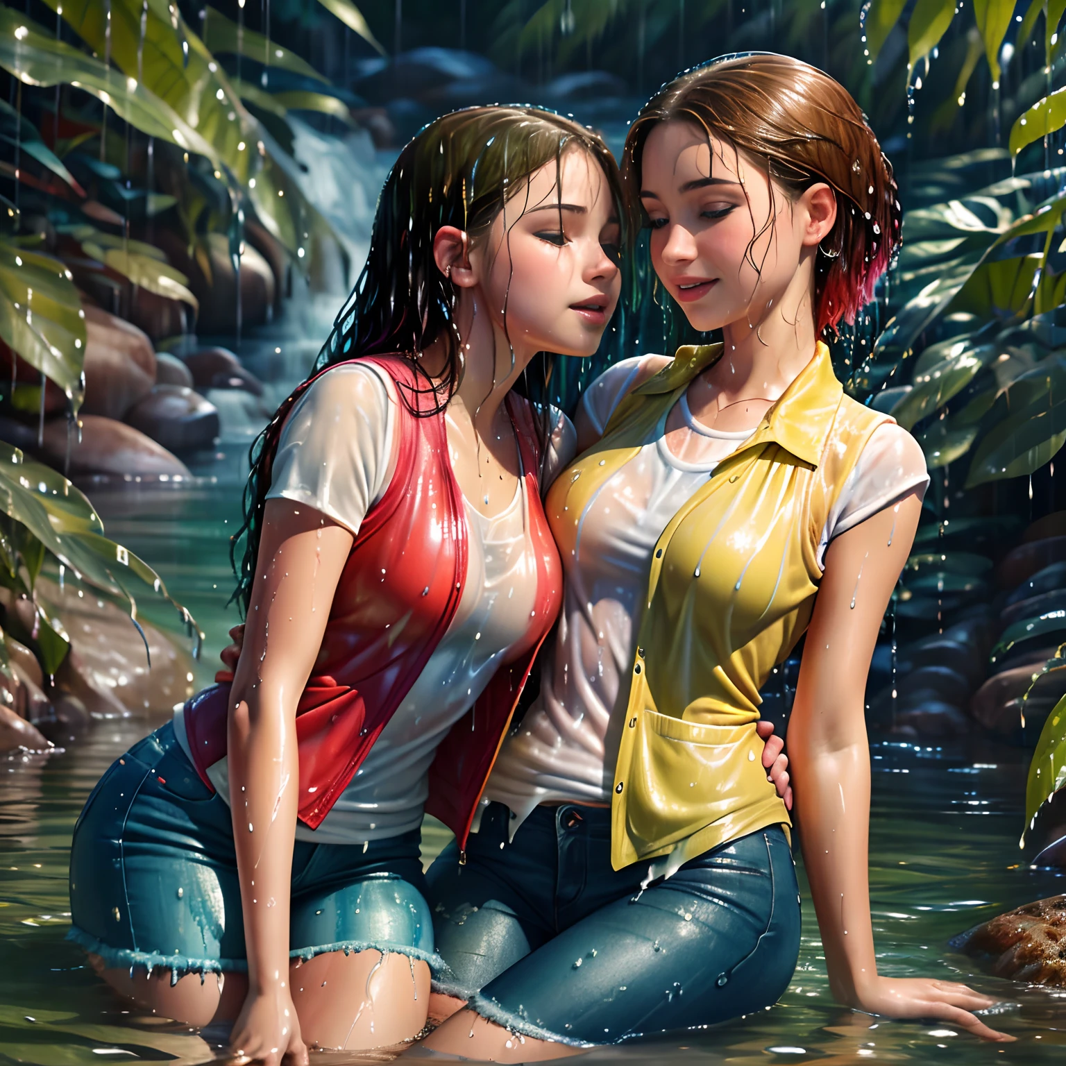 Two beautiful naked women kissing, beide haben lange nasse unordentliche Haare, round large breasts with small areolas, (full entire body), linke Frau dunkel rote Haare, rechte Frau helle Goldene Haare, (Both bodies are wet) schwitzen stark, feucht, shinny skin,
