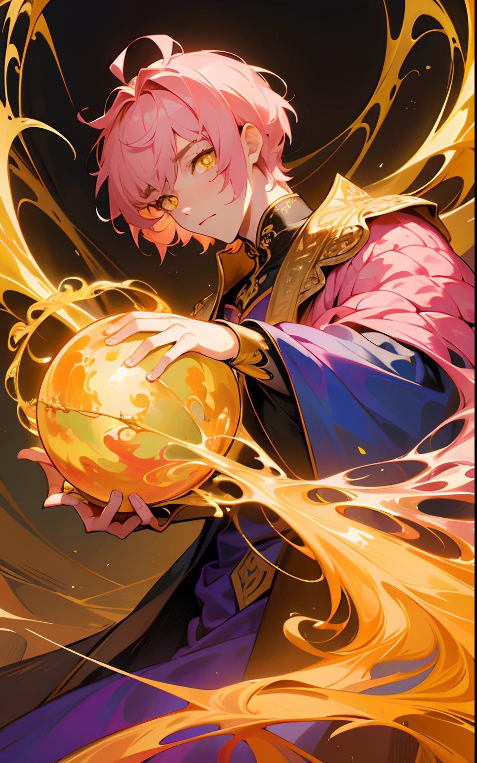 masterpiece, top quality, best quality, official art, beautiful and aesthetic:1.2), (1man), teen man, young man, man of 16, extreme detailed,(fractal art:1.3),colorful,highest detailed, pink hair, short hair, yellow golden eyes, highly detailed eyes, glowing golden eyes, prince, thin, sitting, holding crown, abstract dark background