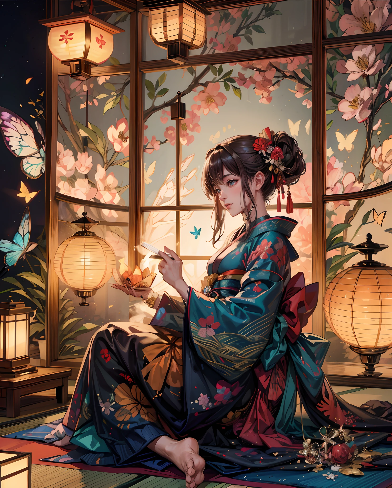 **A woman dressed in a gorgeous and beautiful uchikake with butterflies and flowers and holding a kiseru in her hand is relaxing in the tatami room. She has a beautiful face and shining eyes of vivid colors. She is dressed in a luxurious and colorful kimono. A gorgeous folding screen. A lantern is lit in the dimly lit tatami room at night. The detailed drawing. Vivid colors. High image quality.