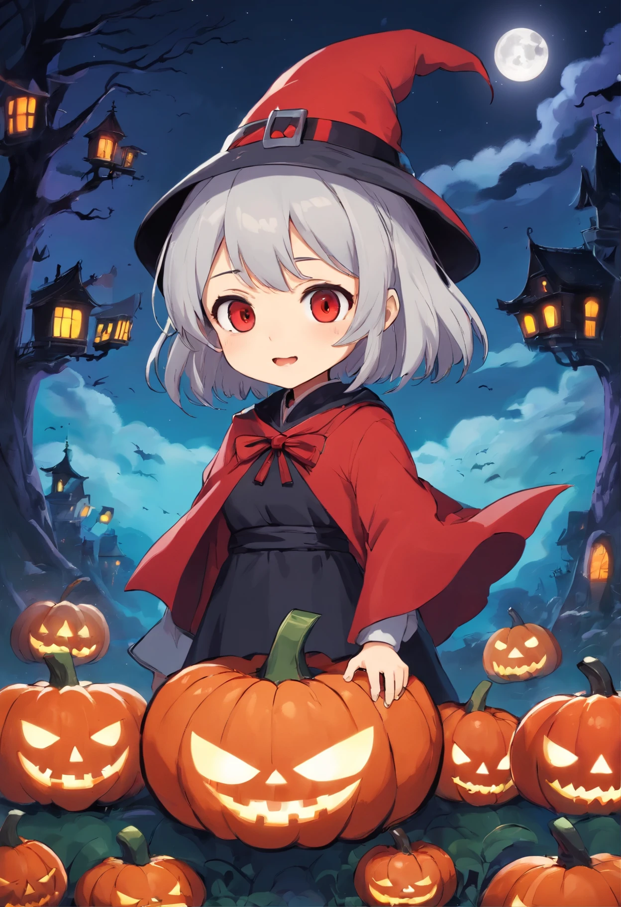 "Produce a spine-tingling Halloween-themed chibi anime artwork that juxtaposes cuteness with horror. Illustrate an adorable male chibi characters dressed as a classic horror icon (e.g., vampire, mummy, or witch) while surrounded by cute, yet spooky, elements like smiling pumpkins with sharp teeth, playful ghosts with a sinister twist, and a moonlit night sky filled with eerie charm." Make clothes have a red and black color theme.