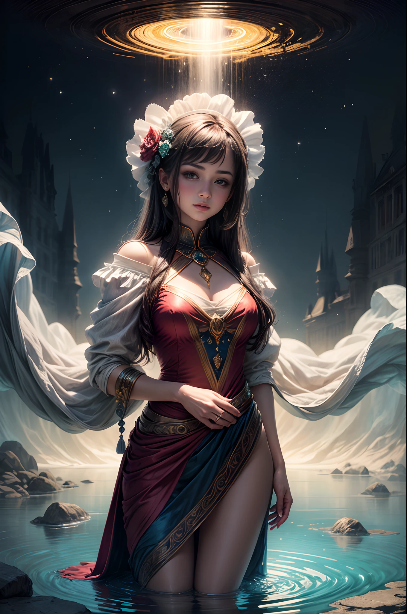 Painting: An enchanting artwork portraying a girl wearing silk, standing at the edge of a mystical pool, surrounded by swirling enchantments, with the distant planet casting an ethereal light upon her.