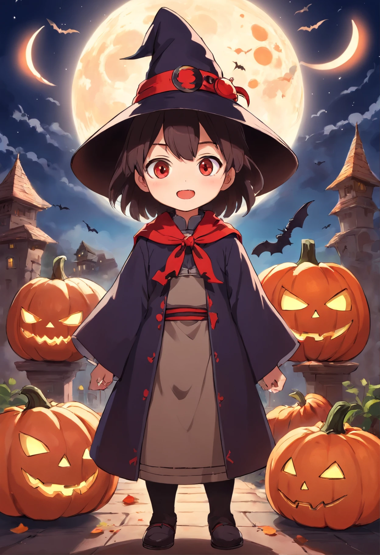 "Produce a spine-tingling Halloween-themed chibi anime artwork that juxtaposes cuteness with horror. Illustrate an adorable male chibi characters dressed as a classic horror icon (e.g., vampire, mummy, or witch) while surrounded by cute, yet spooky, elements like smiling pumpkins with sharp teeth, playful ghosts with a sinister twist, and a moonlit night sky filled with eerie charm." Make clothes have a red and black color theme.