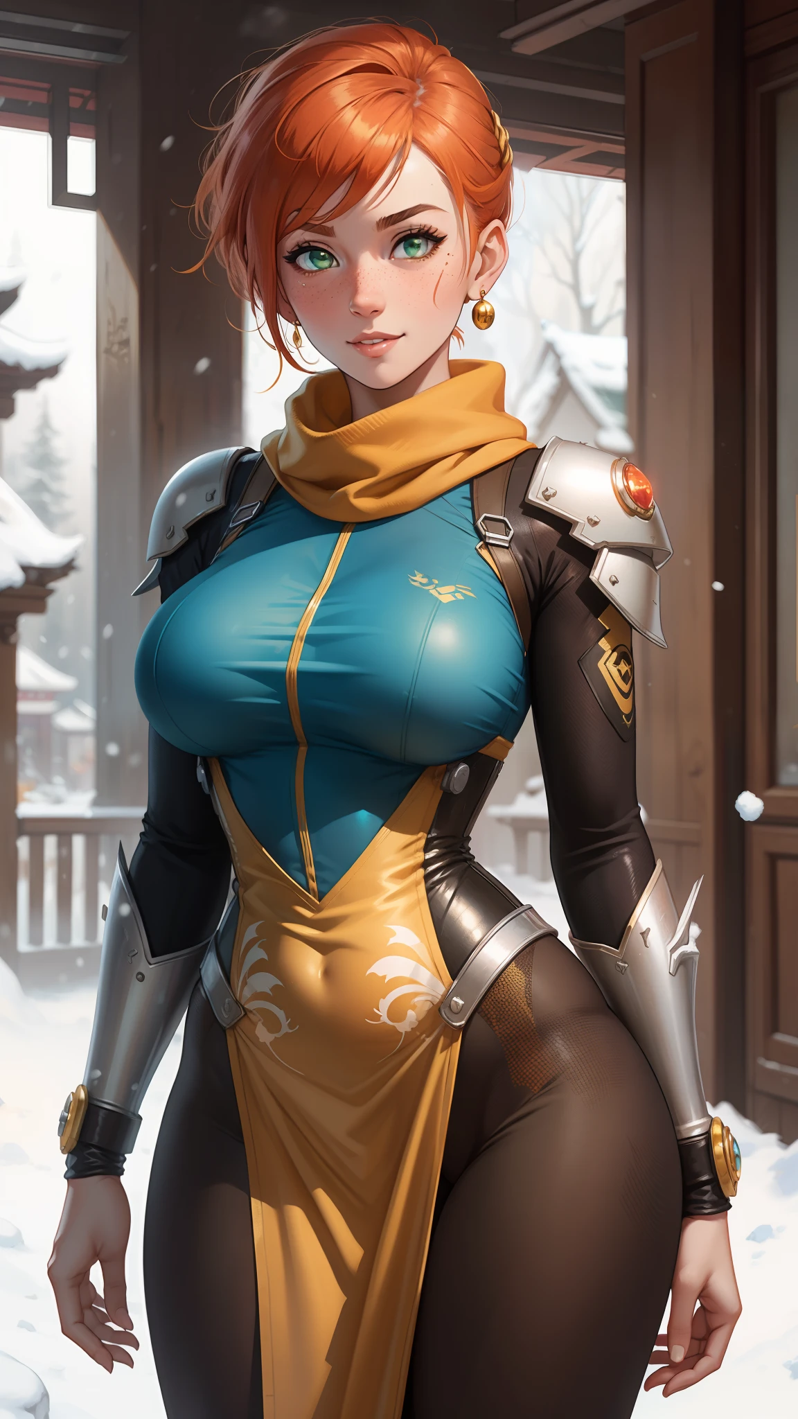 gwen tennyson,tracer,chun-li,rebecca chambers,overwatch,gundam,1girl,close up,mecha pilot,chinese garden,orange and gold dress,pirate corset,silver long sleeve lycra top,silver leggings, short hair,cute makeup,green eyes, orange and gold hair,shy smile,hair pin, freckles,redhead,beautiful girl,large breasts,ultra detailed,realistic,fantasy art,chinese dress,steel armor,snow scarf,kung-fu uniform,aqua earrings,