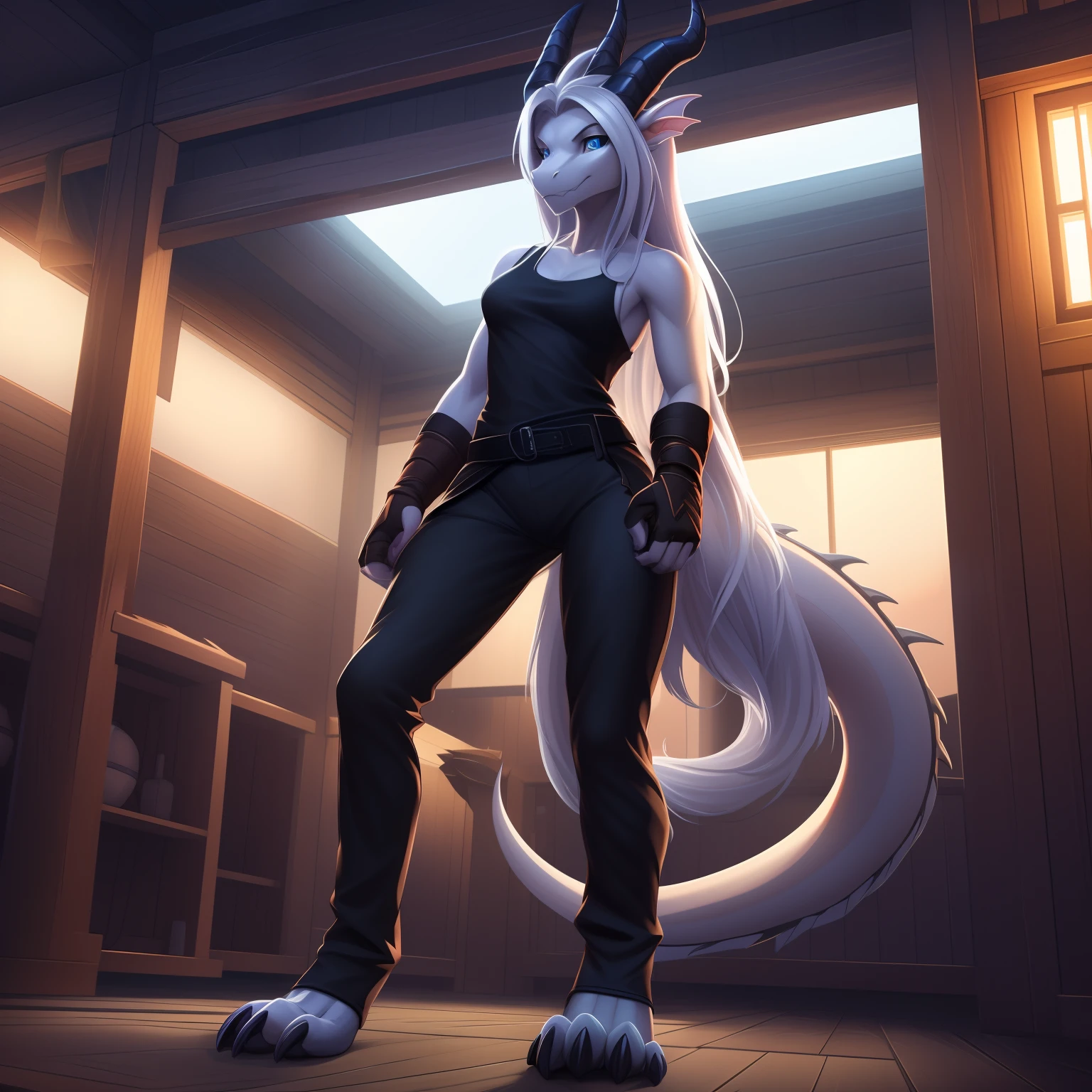 (masterpiece, best quality, high quality, highres:1.4), detailed, extremely detailed, dark lighting, 4K, female, 1female, slim_woman, toned body, dragon, white body, smooth skin, anthro legs, tone body, (dragon face), (dragon feet), (toe claw), black spikes, blue eyes, (detailed eyes), dragon horns, dragon tail, bare_shoulders, (clothing, topwear: tanktop, handwear:(cloth wrap), bottomwear:(pants:black))), beautiful, ((mouth closed)), long silver hair, has hair, pretty, monk, timid, averting eyes, cute, standing in a dojo