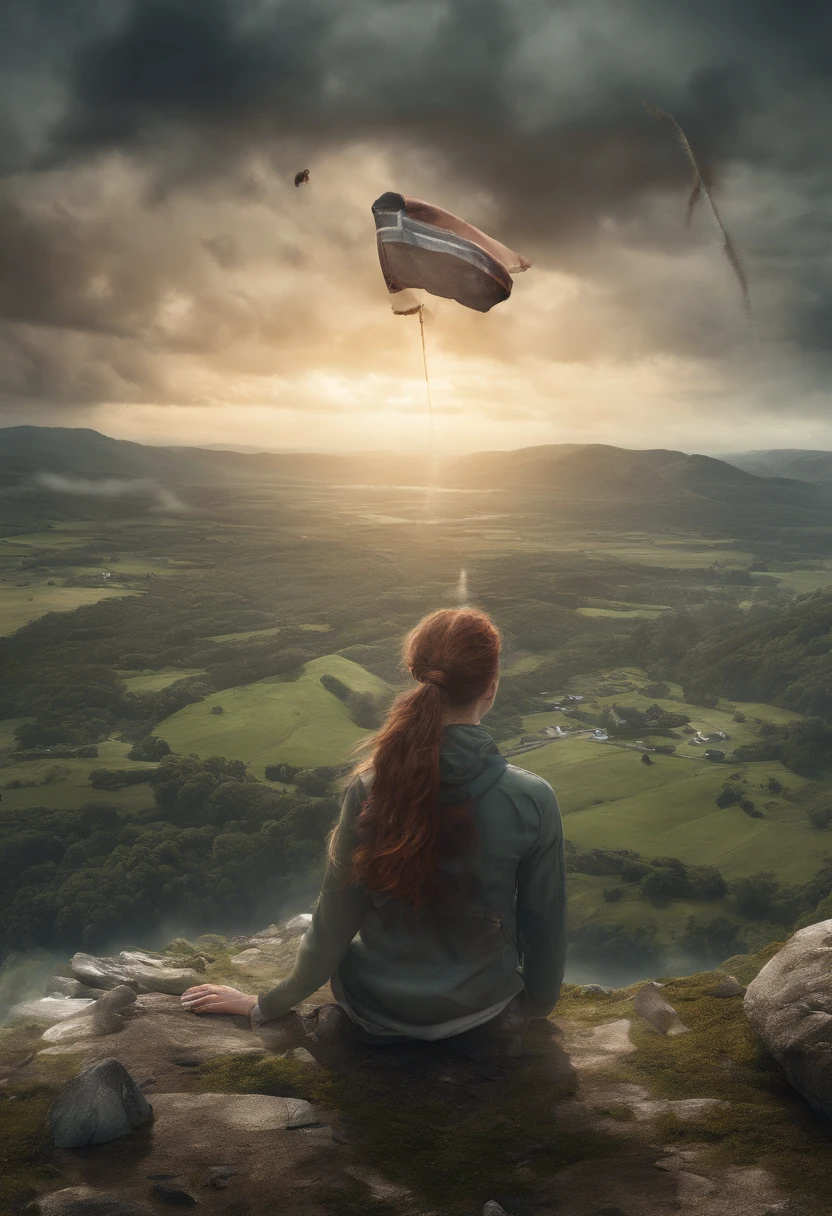 powerful woman sitting in space, foto de retrato, Directed by: Drew Tucker, Directed by: Adam Marczyński, Directed by: Alexander Kucharsky, sentado em sua mesa, Directed by: Gavin Nolan, Surrealismo 8K, Directed by: Jason Felix, Yuri Shwedoff e Tom Bagshaw, arte ilustrativa, Estilo Erik Johansson, foto tipo landscape com cores dominantes da bandeira inglesa