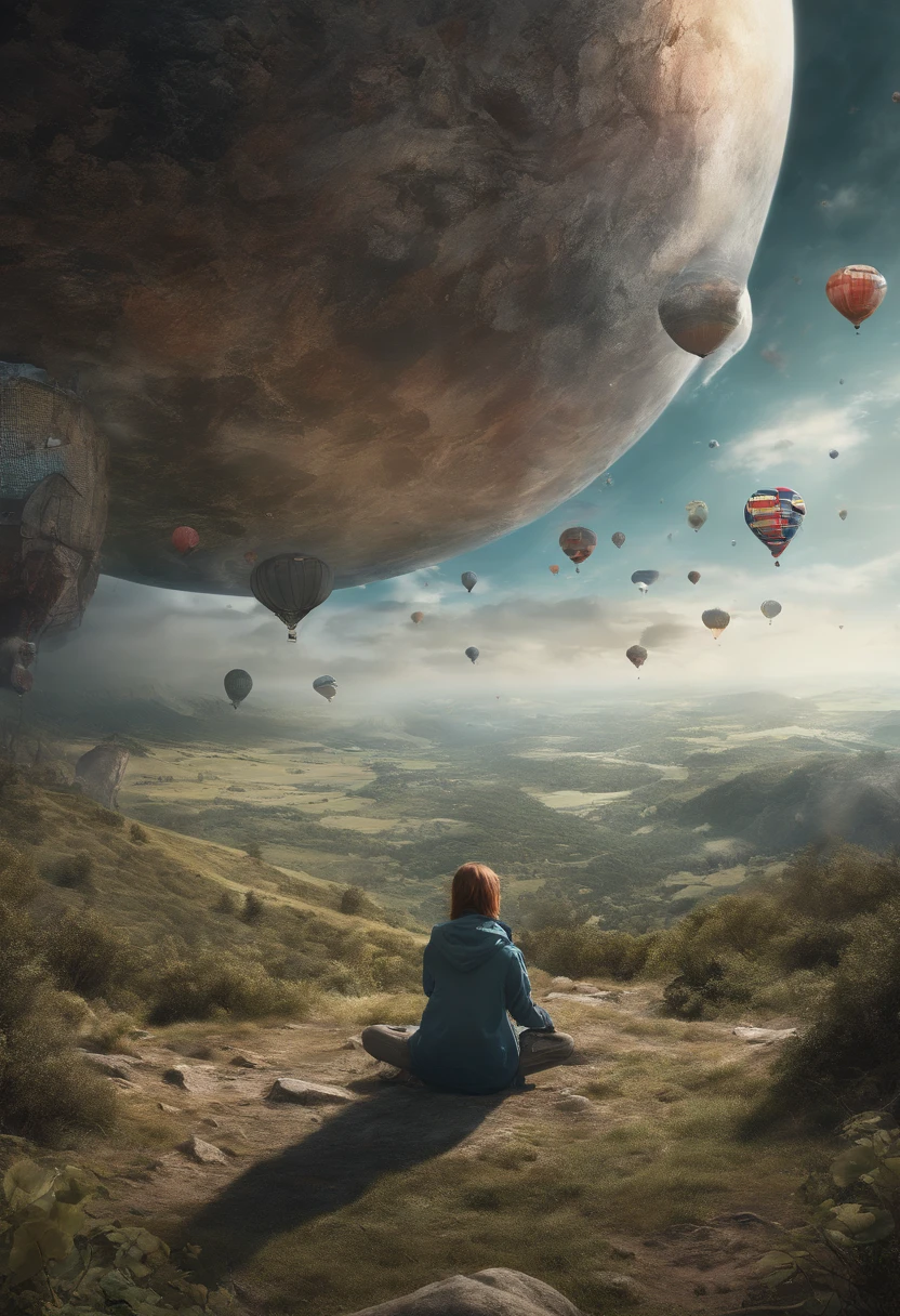 powerful woman sitting in space, foto de retrato, Directed by: Drew Tucker, Directed by: Adam Marczyński, Directed by: Alexander Kucharsky, sentado em sua mesa, Directed by: Gavin Nolan, Surrealismo 8K, Directed by: Jason Felix, Yuri Shwedoff e Tom Bagshaw, arte ilustrativa, Estilo Erik Johansson, foto tipo landscape com cores dominantes da bandeira inglesa