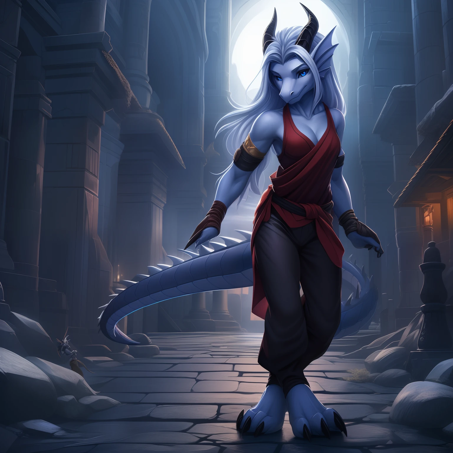 (masterpiece, best quality, high quality, highres:1.4), detailed, extremely detailed, dark lighting, 4K, female, 1female, slim_woman, toned body, dragon, white body, smooth skin, anthro legs, tone body, (dragon face), (dragon feet), (toe claw), black spikes, blue eyes, (detailed eyes), dragon horns, dragon tail, bare_shoulders, (clothing, topwear: tanktop, handwear:(cloth wrap), bottomwear:(pants:black))), beautiful, ((mouth closed)), long silver hair, has hair, pretty, monk, timid, averting eyes, cute, standing in a dojo