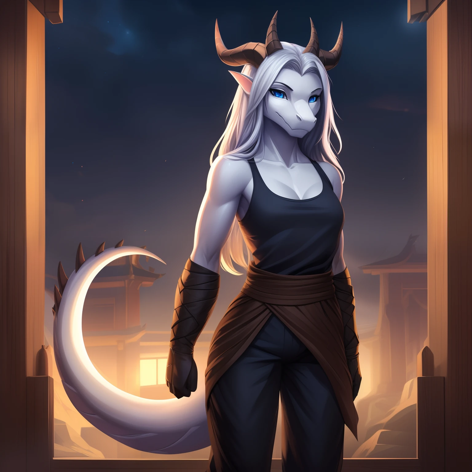 (masterpiece, best quality, high quality, highres:1.4), detailed, extremely detailed, dark lighting, 4K, female, 1female, slim_woman, toned body, dragon, white body, smooth skin, anthro legs, tone body, (dragon face), (dragon feet), (toe claw), black spikes, blue eyes, (detailed eyes), dragon horns, dragon tail, bare_shoulders, (clothing, topwear: tanktop, handwear:(cloth wrap), bottomwear:(pants:black))), beautiful, ((mouth closed)), long silver hair, has hair, pretty, monk, timid, averting eyes, cute, standing in a dojo