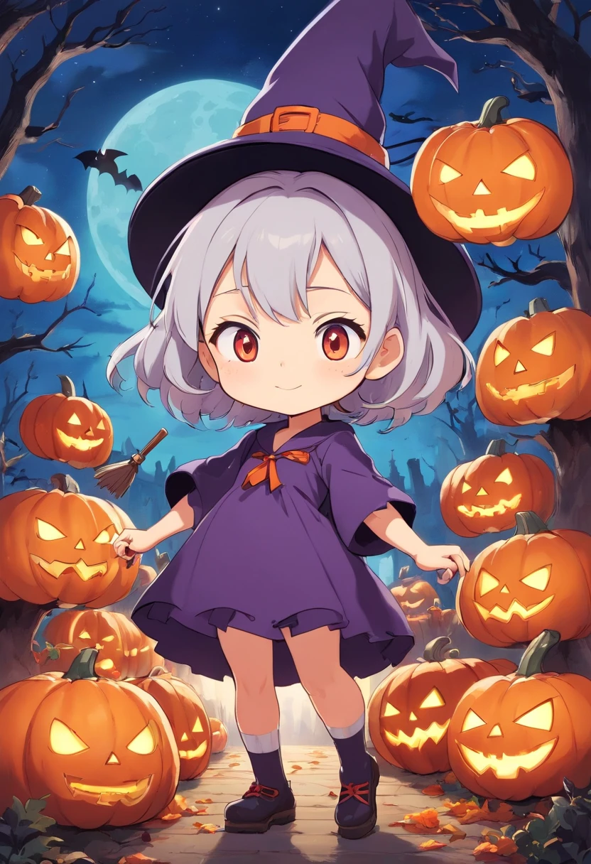 "Produce a spine-tingling Halloween-themed chibi anime artwork that juxtaposes cuteness with horror. Illustrate an adorable female chibi characters dressed as a classic horror icon (e.g., vampire, mummy, or witch) while surrounded by cute, yet spooky, elements like smiling pumpkins with sharp teeth, playful ghosts with a sinister twist, and a moonlit night sky filled with eerie charm, (witch cute woman),