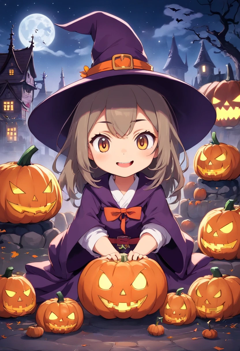 "Produce a spine-tingling Halloween-themed chibi anime artwork that juxtaposes cuteness with horror. Illustrate an adorable female chibi characters dressed as a classic horror icon (e.g., vampire, mummy, or witch) while surrounded by cute, yet spooky, elements like smiling pumpkins with sharp teeth, playful ghosts with a sinister twist, and a moonlit night sky filled with eerie charm, (witch cute woman),