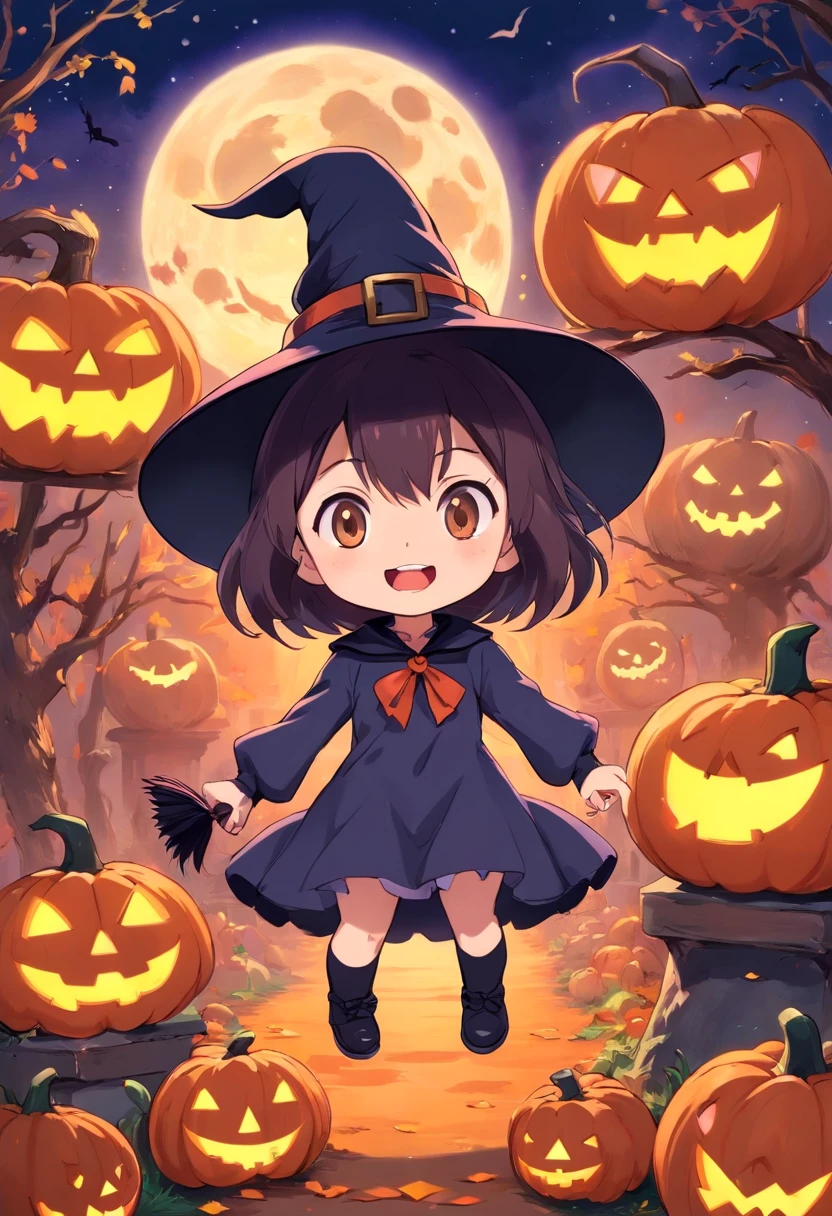 "Produce a spine-tingling Halloween-themed chibi anime artwork that juxtaposes cuteness with horror. Illustrate an adorable female chibi characters dressed as a classic horror icon (e.g., vampire, mummy, or witch) while surrounded by cute, yet spooky, elements like smiling pumpkins with sharp teeth, playful ghosts with a sinister twist, and a moonlit night sky filled with eerie charm, (witch cute woman),