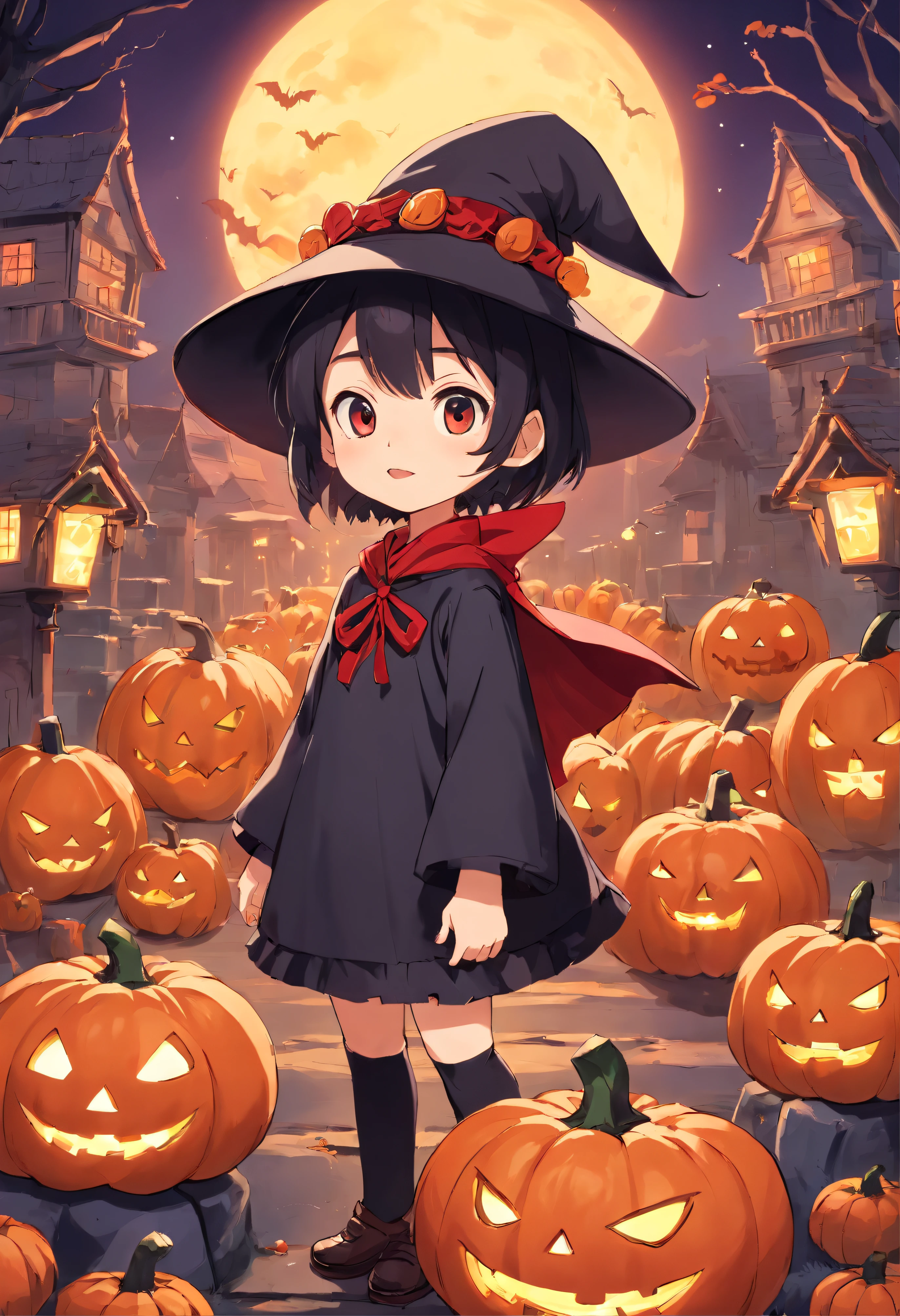 "Produce a spine-tingling Halloween-themed chibi anime artwork that juxtaposes cuteness with horror. Illustrate an adorable male chibi characters dressed as a classic horror icon (e.g., vampire, mummy, or witch) while surrounded by cute, yet spooky, elements like smiling pumpkins with sharp teeth, playful ghosts with a sinister twist, and a moonlit night sky filled with eerie charm." Make clothes have a red and black color theme.