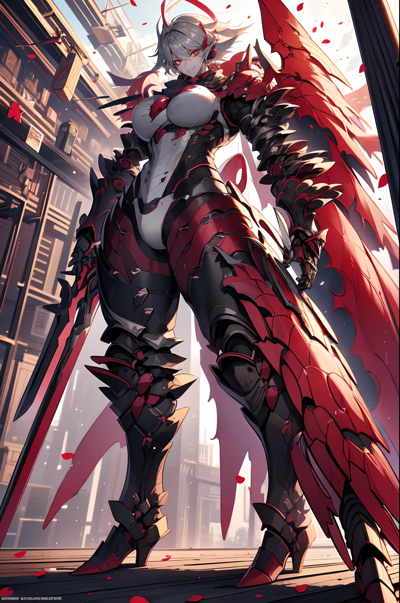 (best quality,highres),(1.37),karna,armored,knight,pants,red armor,standing,full body,sword holding,hetero chromacia,green and red eyes,silver hair,smile,smug,portraits,vivid colors,studio lighting, cape, scarf